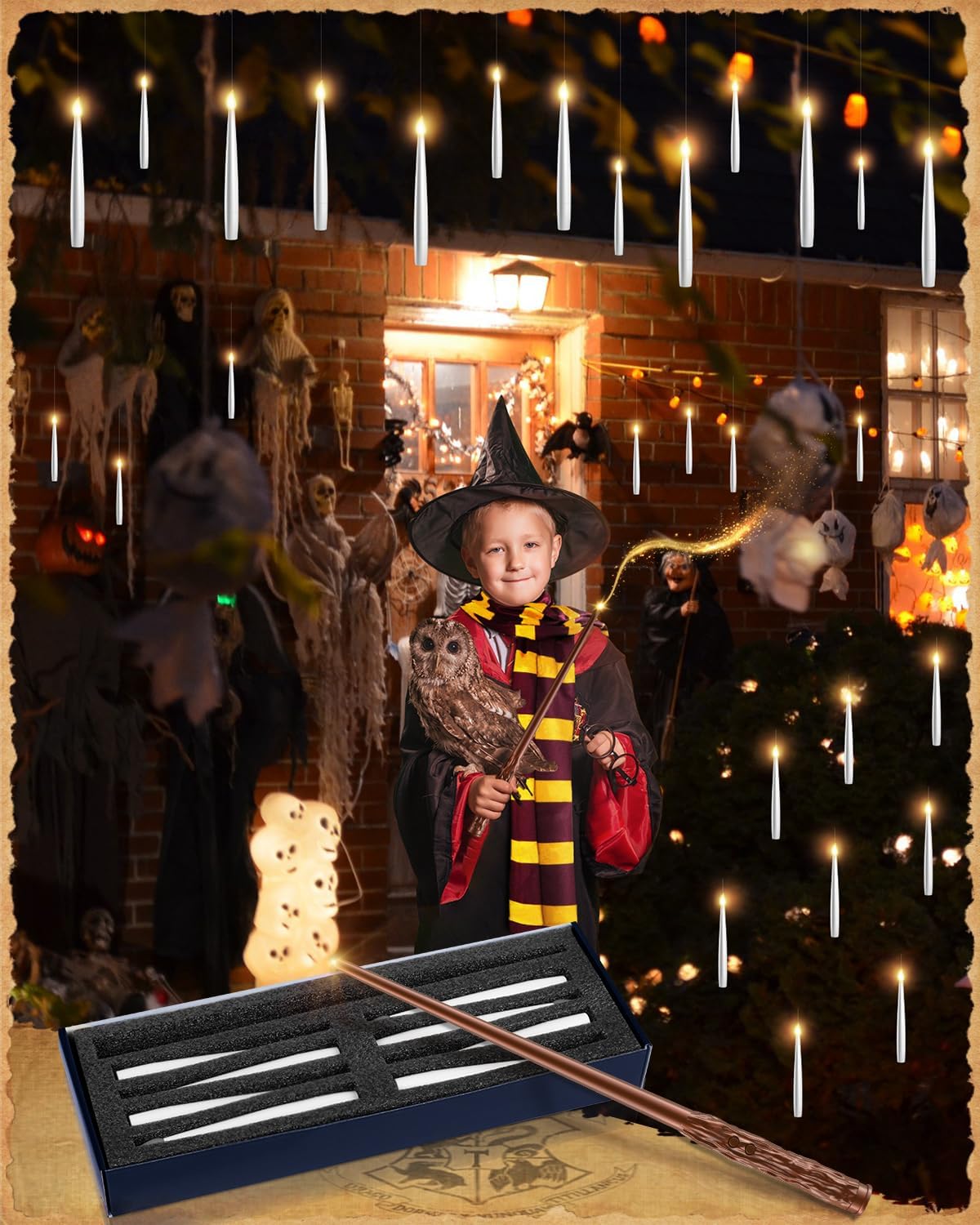 Floating Candles with Wand - 18 Pack Halloween Decorations Magic Flameless Candles Flickering Light Hanging Candle Remote with Glasses, Tie, Scarf, Battery Operated Candles for Christmas Party Decor