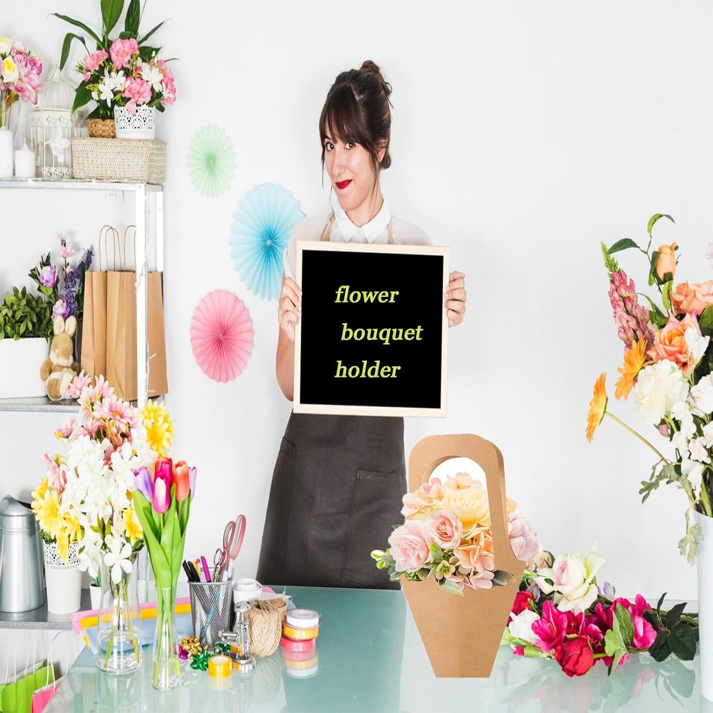 50Pcs 16.5" Kraft Paper Bouquet Bags with Handle, Florist Gift Wrapping Supplies Kit Includes Decorative Lace Ribbon, Floral Tape, Shears for Flower Arranging, Wedding, Party Decor