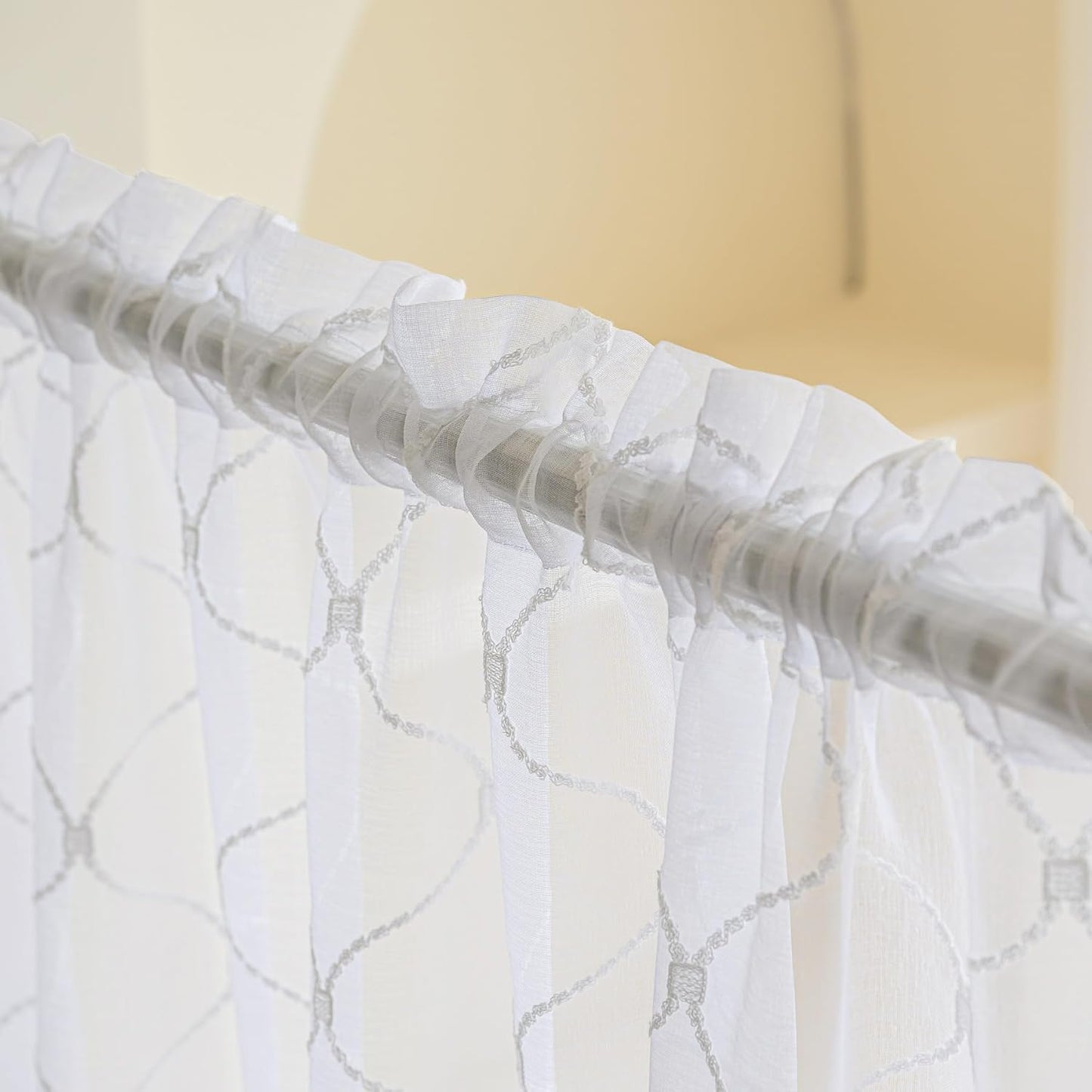 Sheer Curtains White 63 Inches Embroidered Wave Diamond, Rod Pocket Voile Drapes for Living room, Bedroom, Window Treatments Semi Crinkle Curtain Panels for Yard, Villa, Parlor, Set of 2, 52"x 63".