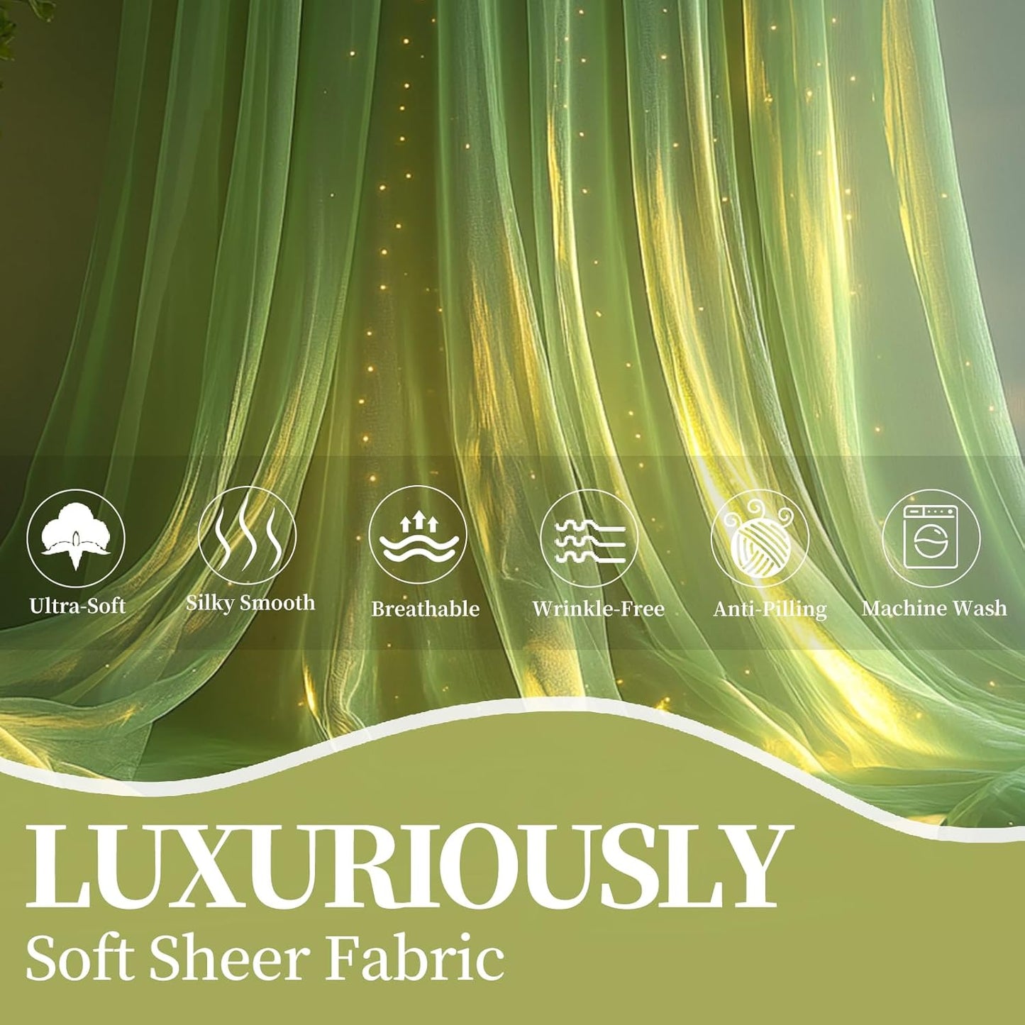 10x10ft Green Tulle Backdrop Curtain with String Lights, Wrinkle-Free Sheer Wedding Backdrop for Birthday Parties, Baby Showers, Bridal Showers, Photo Shoots and Home Decorations, Green