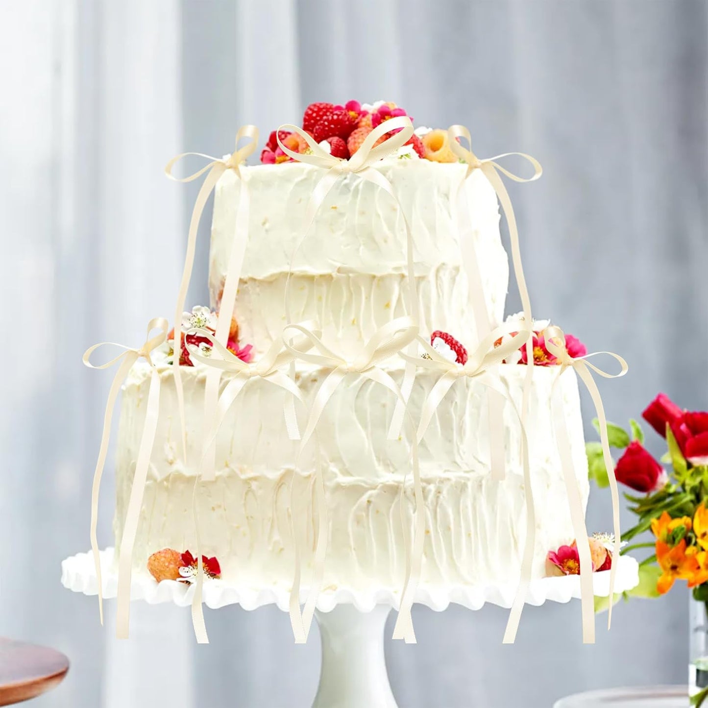 Ephlyn 30Pcs Bow Cupcake Toppers Valentine's Bowknot Ribbons Coquette Bow High Footed Cup Balloon Wall Party Decorations Cake Dessert Picks Baby Girl Birthday Wedding Party Supplies Beige