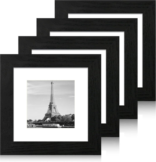 6x6 Picture Frame Set of 4 with High Definition Glass, Black Frames Display 4x4 Picture with Mat or 6 x 6 Without Mat, Square Wood Photo Frame for Wall Mount and Tabletop Display