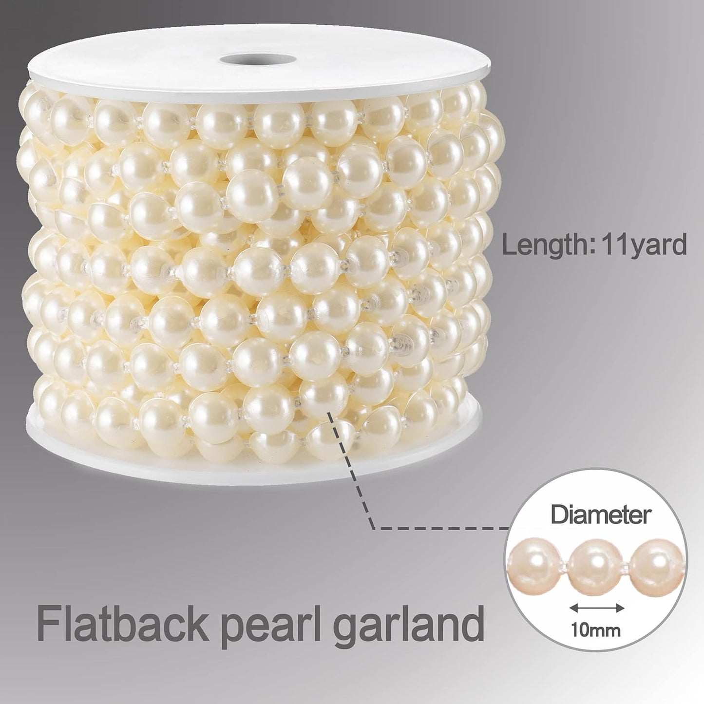 Half-Round Pearl Bead Garland String 11 Yards, 10MM Flat Pearl Beaded Spool Roll Crafts for Wedding Party Decoration (Ivory)