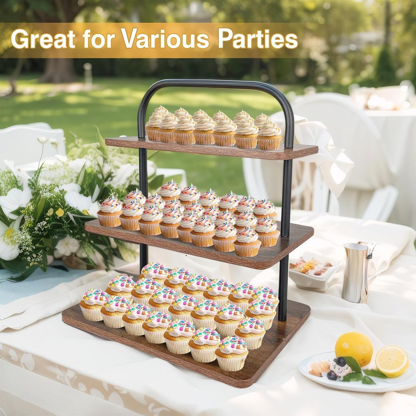 Cupcake Stand, 3 Tier Large Cupcake Stand for 50 Cupcakes Rustic Cupcake Display Stand Square Wood Dessert Table Display Set Cupcake Tower Tiered Tray Stand for Wedding Birthday Graduation