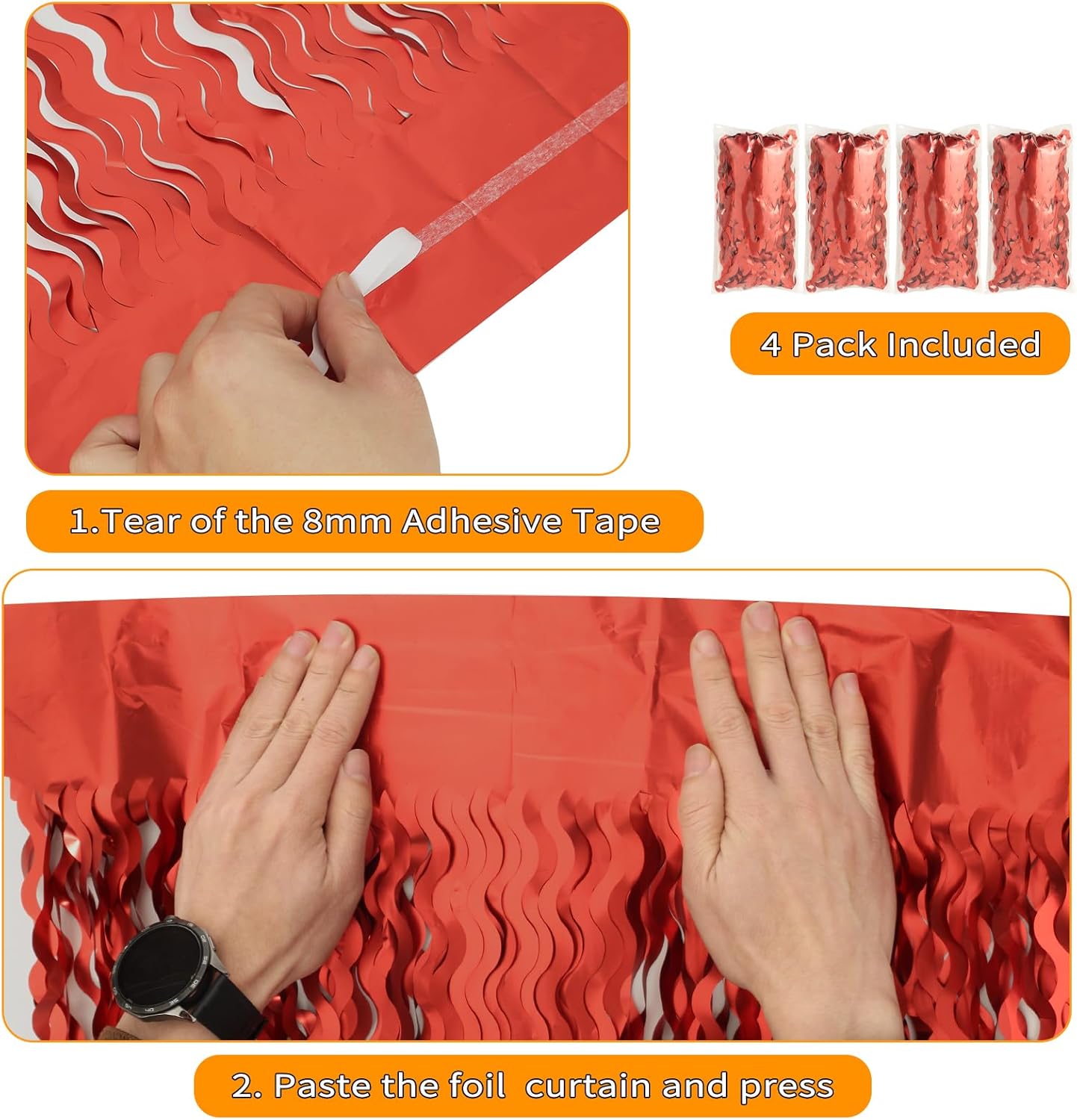 4 Pack Red Streamers Party Decorations - 3.3x6.6ft Foil Curtain Background for Birthday Decorations | Wedding | Halloween | Christmas Party Decoration | Red Tinsel Backdrop