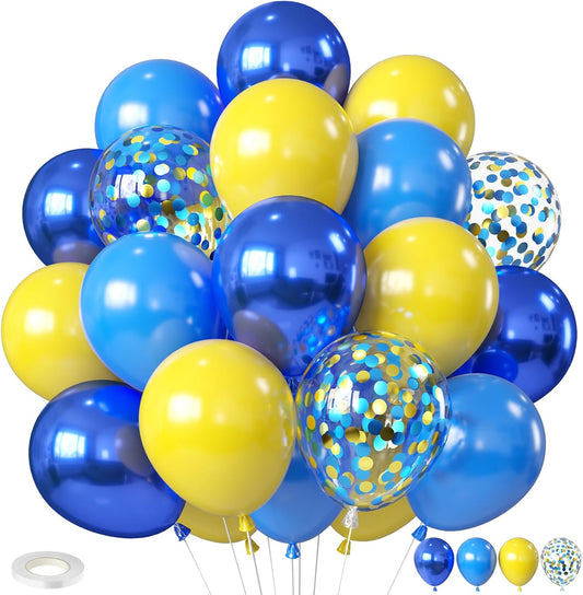 Yellow Blue Balloons, 12 Inches Blue Yellow Balloon Double Stuffed Metallic Blue Balloons with Confetti Ballons for Birthday Graduation Baby Shower Party Decoration