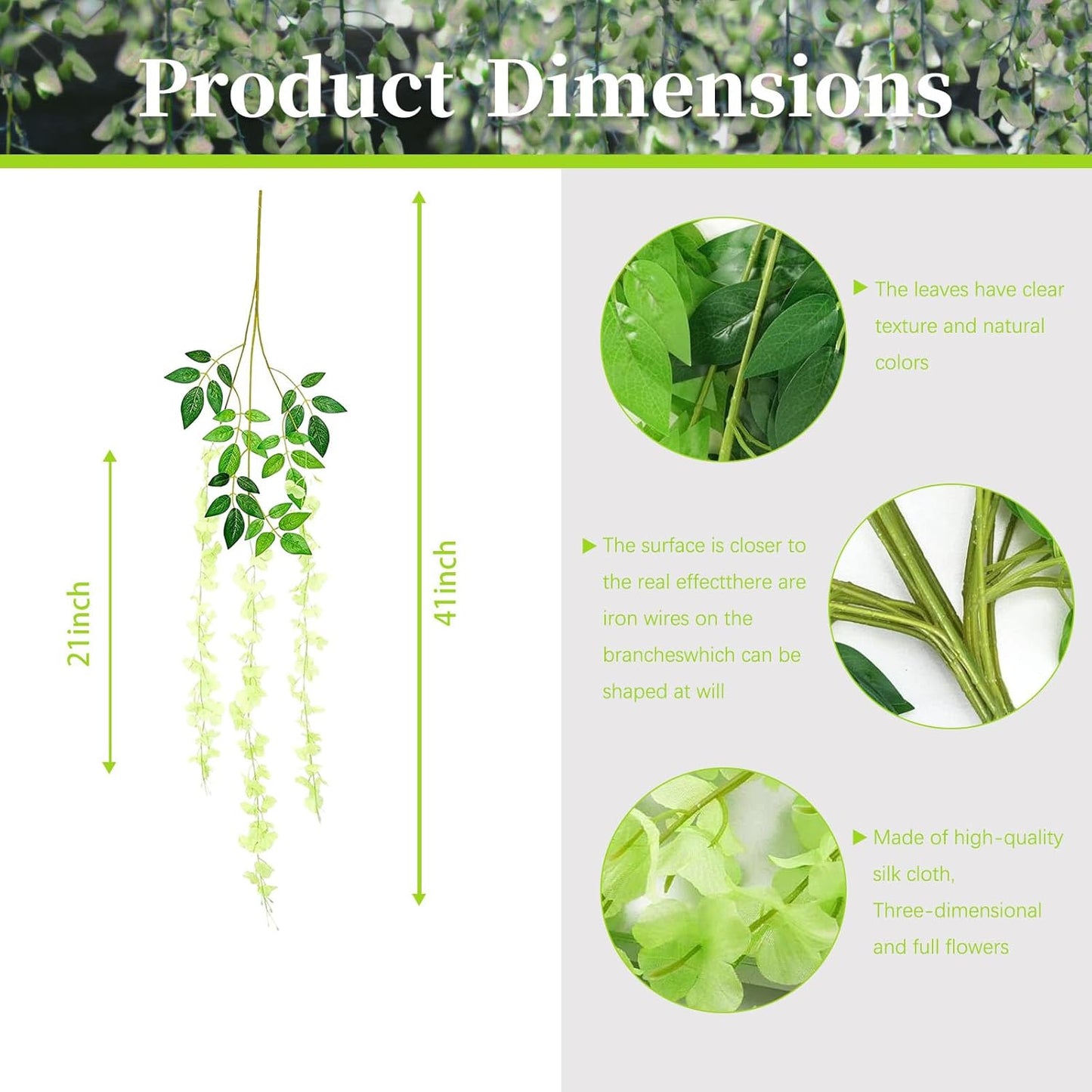 24 Pack Green Wisteria Hanging Flowers, 3.4 Ft Fake Hanging Flowers, Artificial Wisteria Garland Vines for Wedding Room Backdrop Outdoor Patio Garden Decoration