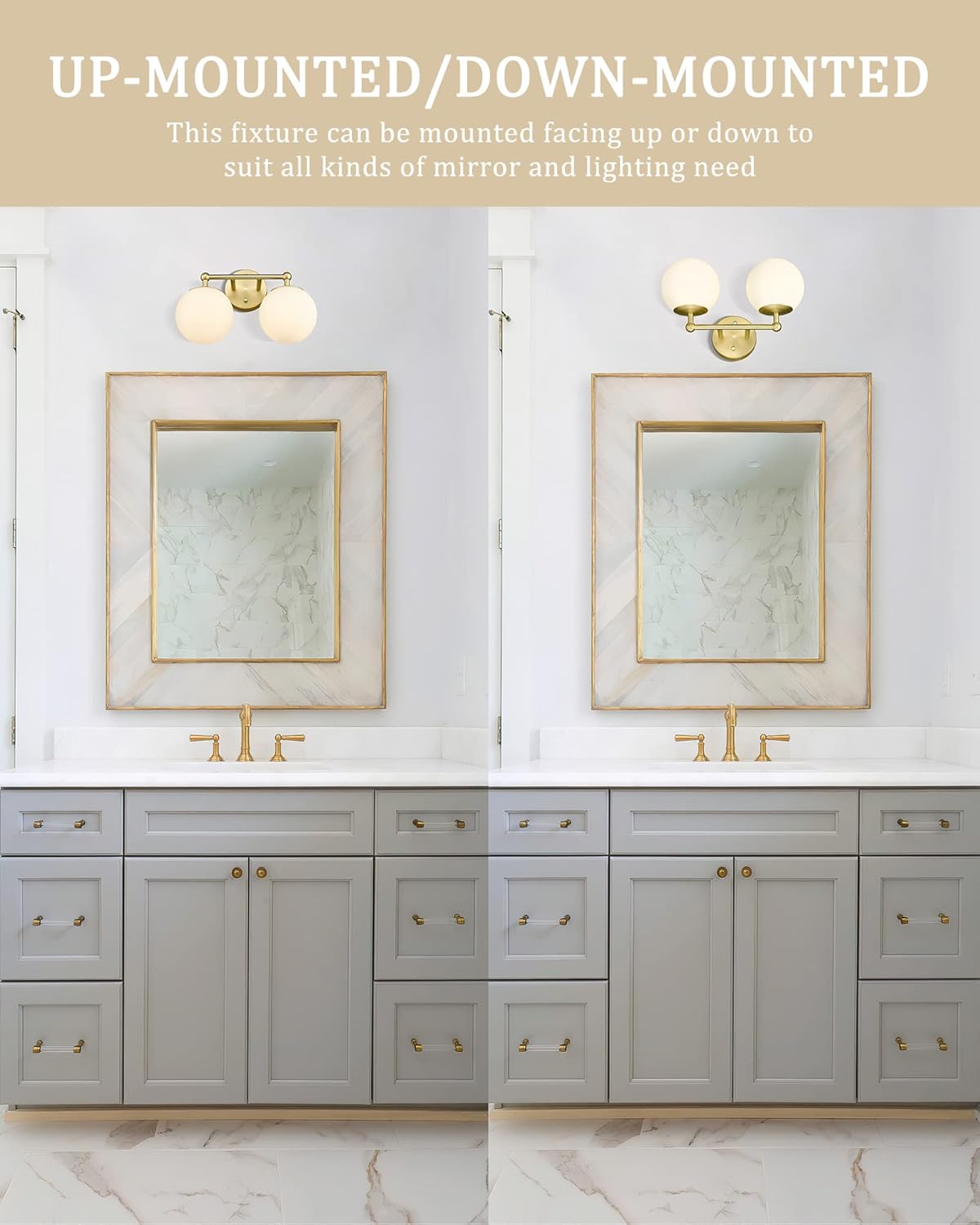 Gold Bathroom Light Fixtures, 2-Light Vanity Lights Over Mirror Wall Sconce with White Etched Glass Globe, KW-7308-2