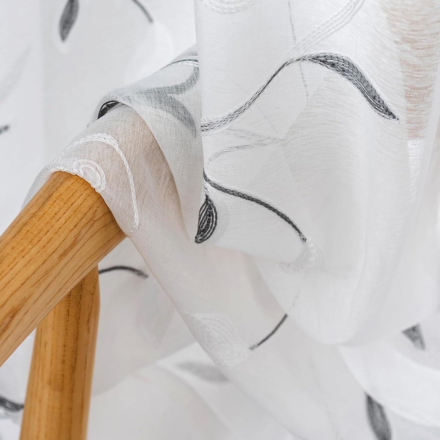 VISIONTEX White Sheer Voile Curtains, Decorative Leaves Embroidery Faux Linen Rod Pocket Window Drapes for Home Kitchen, Living Room and Bedroom 26 x 36 Inch, Set of 2 Curtain Panels