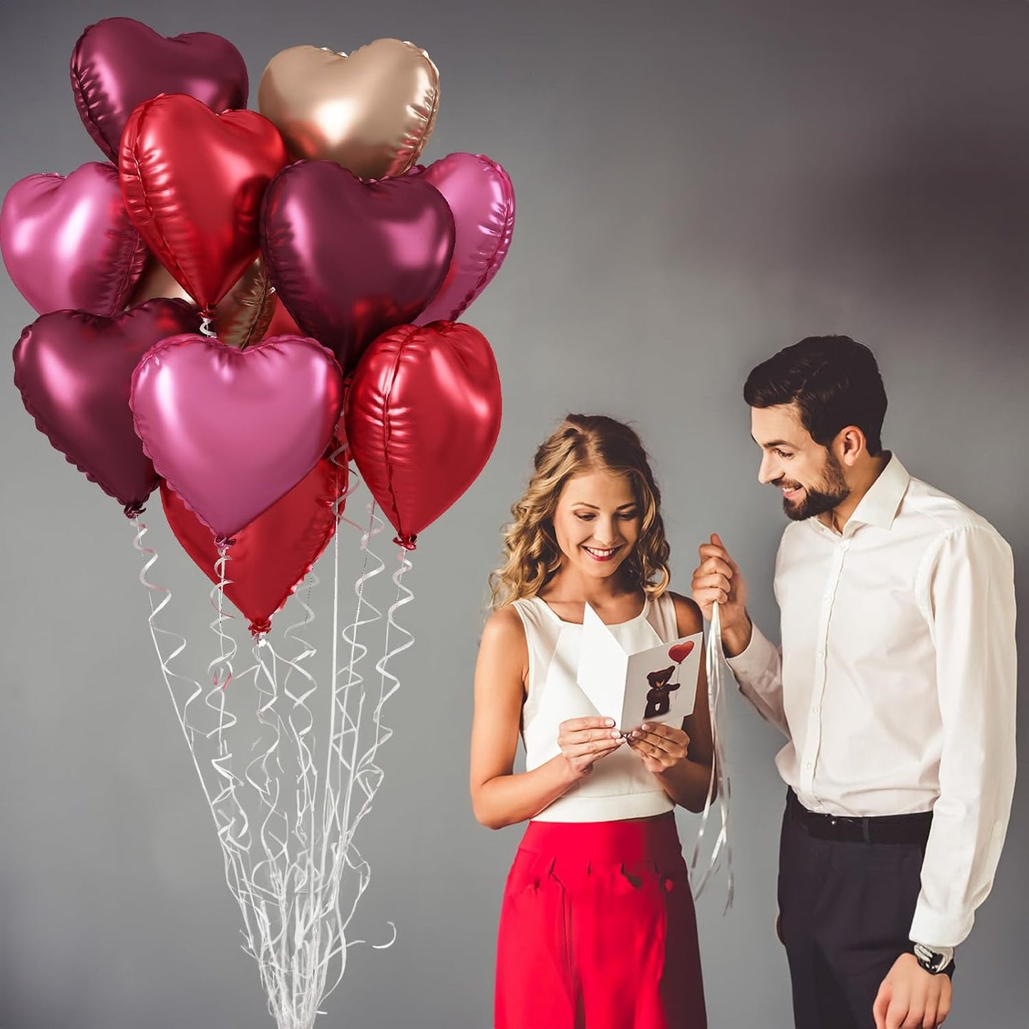 Wine Red Heart Balloons, 18 Inch 12 Pcs Burgundy Red and Pink Foil Heart Balloons Red and Rose Gold Heart Shape Mylar Balloons Party Decoration for Birthday Wedding Valentines Anniversary