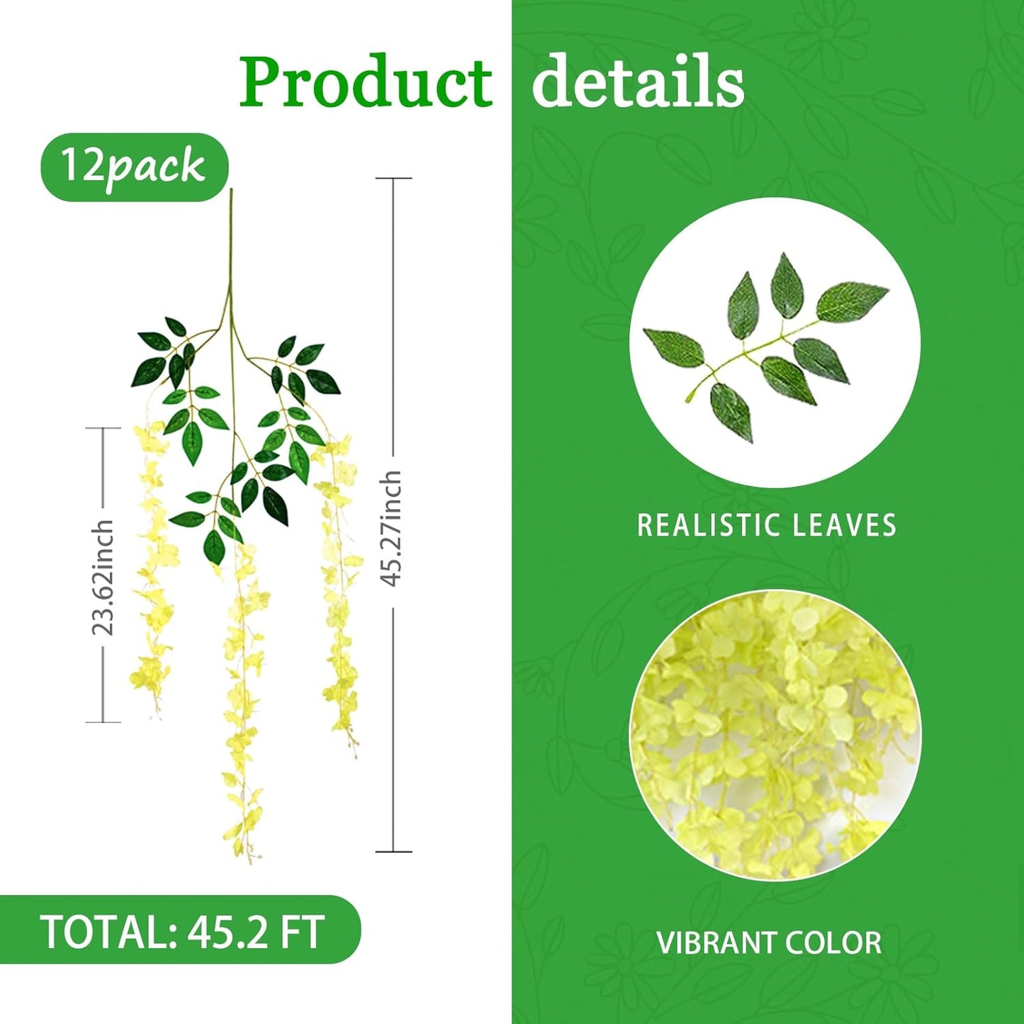 12 Pack Green Wisteria Hanging Flowers Garland, 3.77 Feet Artificial Flower Vines, Fake Wisteria, Artificial Vines Hanging Garland for Backdrop Outdoor Yard Garden Decor