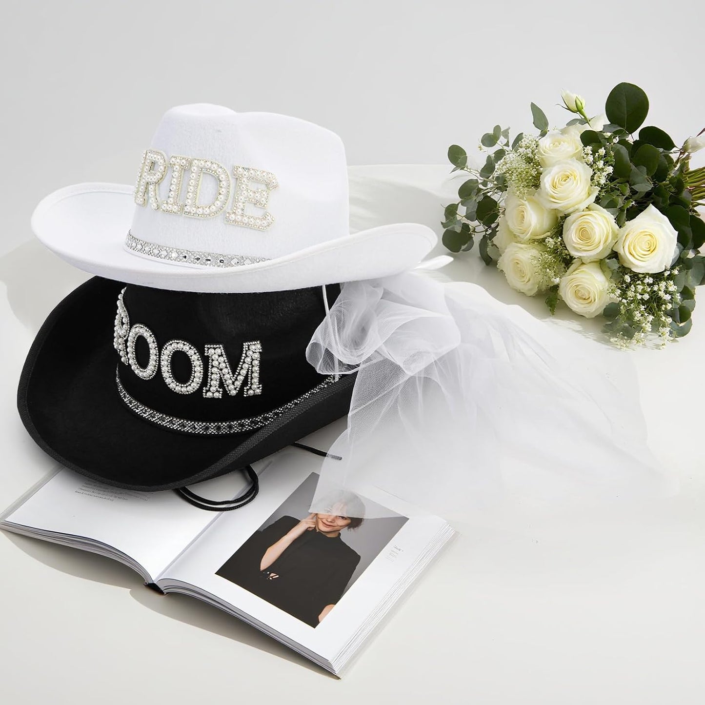 Frcctre 2 Pcs Bride Cowgirl Hat with Veil, Black Groom Cowboy Hat, Rhinestone Bride and Groom Cowboy Hats Wedding Bridal Shower Bachelorette Party Decoration Western Party Dress Up Accessories