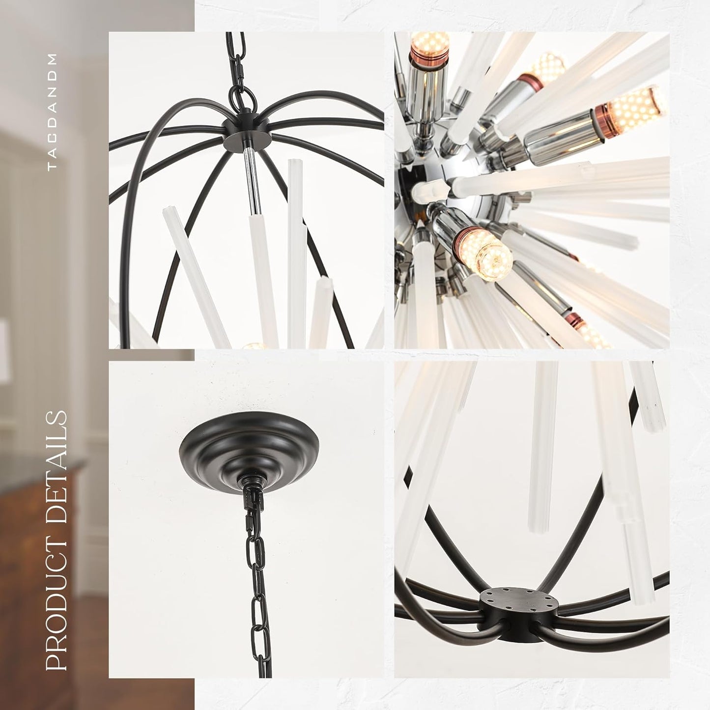 31.5" Black Chrome 16-Light Globe Sputnik Chandelier Modern Adjustable Hanging Ceiling Glass Tube Pendant Light Fixture for Entryway Foyer Stairway Dining Living Room Hallway