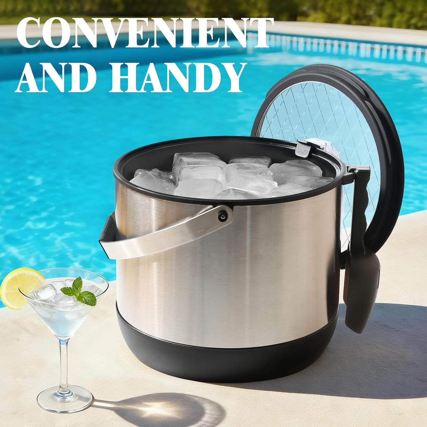 5QT/4.8L Double-Wall Insulated Ice Bucket with Scoop & Lid,Large Capacity Stainless Steel Beverage Bucket for Party Cocktail Bar, Champagnes (Black