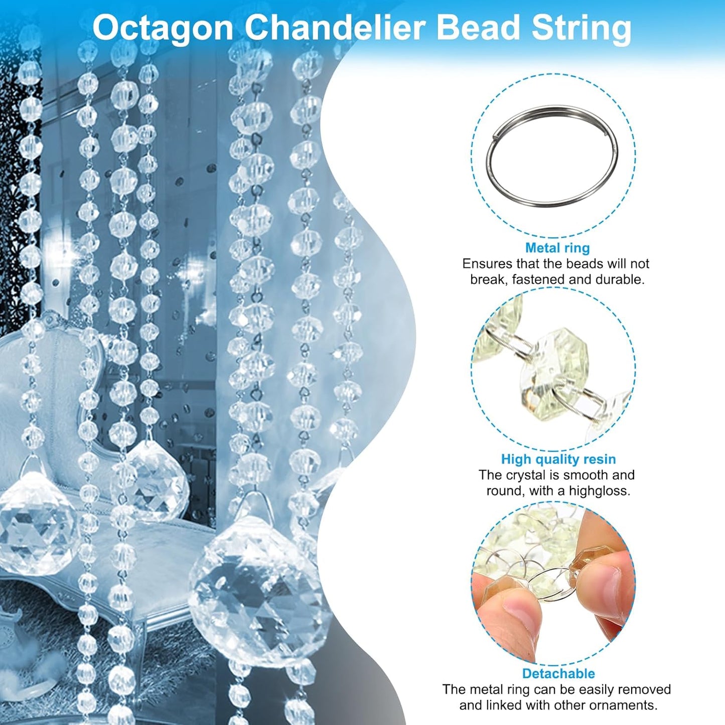 PATIKIL 14 mm Crystal Garland Strands, 32.8 Ft Acrylic Octagon Chandelier Bead Chains String for DIY Craft Wedding Party Home Decorative Jewelry Making, Champagne