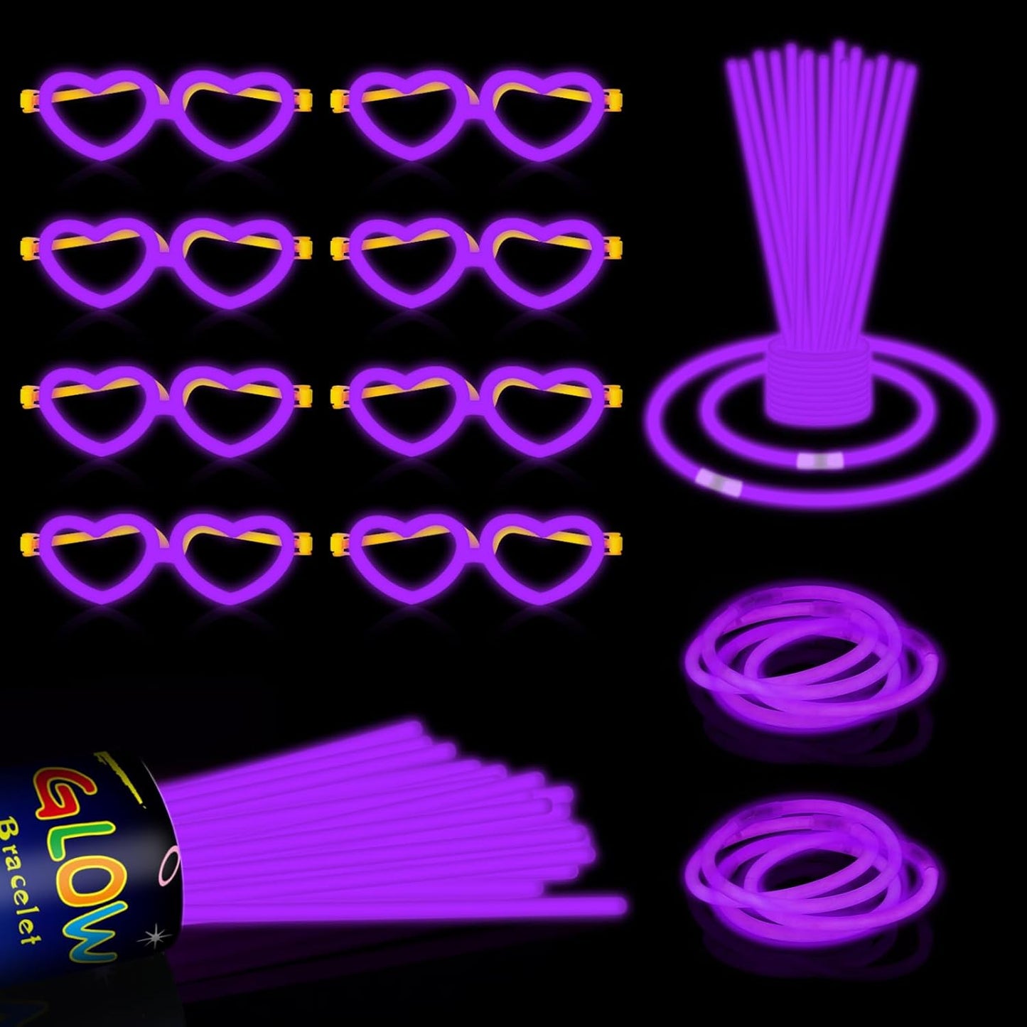 60 Pack 8” Purple Glow Sticks Bulk Bright Glow Sticks with 60 Connectors 20 Heart Glasses Glow In The Dark Party Supplies Neon Party Decorations Glow Bracelet Glasses for Carnival (Purple)