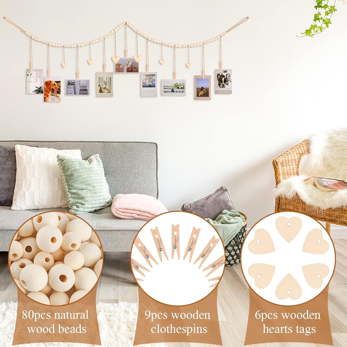 Hanging Photo Display Room Wall Decor, Boho Collage Picture Frame Christmas Cards Holder, Photo Hanger with 9 Wood Clips and 6 Wooden Hearts Tags for Home, Bedroom, Office, Nursery, Dorm Decor (3)