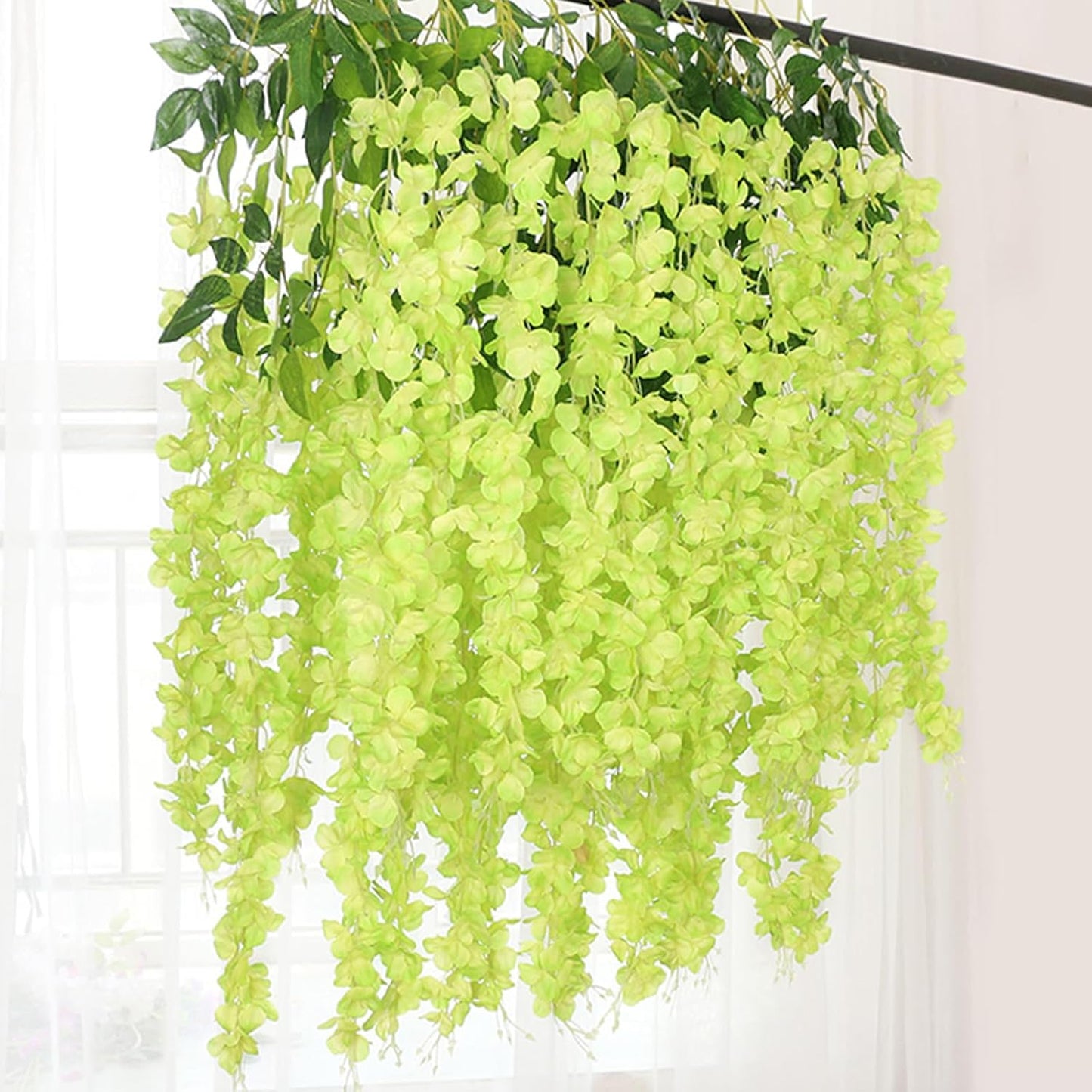 12 Pack Green Wisteria Hanging Flowers Garland, 3.77 Feet Artificial Flower Vines, Fake Wisteria, Artificial Vines Hanging Garland for Backdrop Outdoor Yard Garden Decor