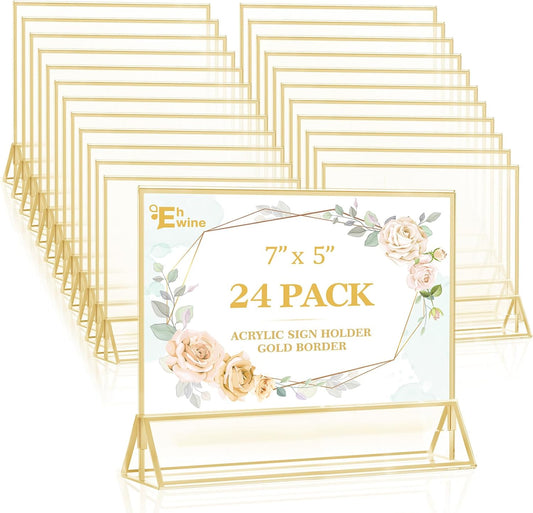 EHWINE 24 Pack Acrylic Sign Holder 5 x 7 Horizontal, Double-Sided Stand up Table Top Sign Holders, Gold Acrylic Picture Frame Menu Flyer Paper Holder Display Stand for Office Business Store Wedding Party