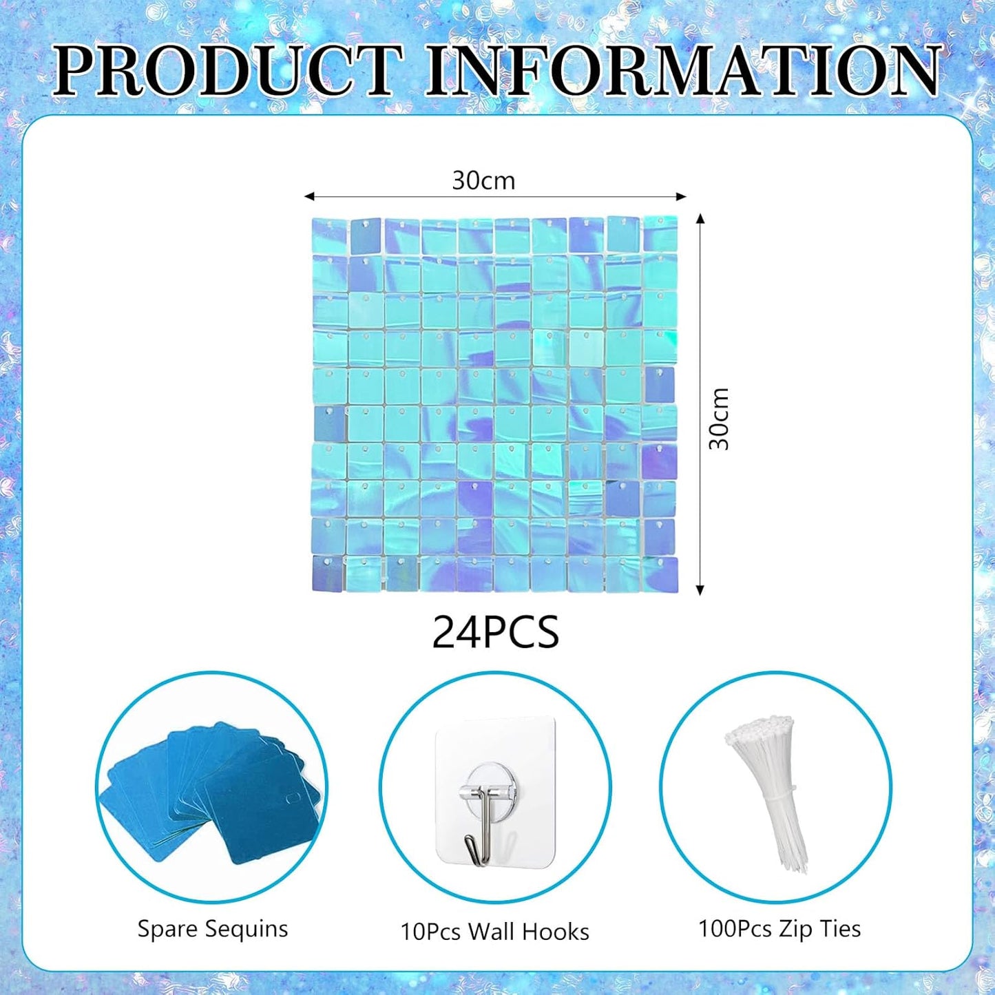 24PCS Colorful Ice Blue Shimmer Wall Backdrop, Square Sequin Photo Backdrops Panel, Glitter Wall Background for Birthdays, Weddings, Christmas, Engagements, Disco Bachelorette Party Decor (3FTx4FT)