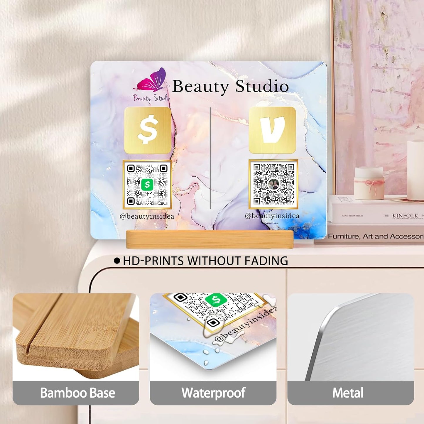 Personalized Custom Metal QR Code Sign Venmo Cashapp Scan to Pay with Stand Instagram Facebook Social Media QR Signs Bar Code QR Plaque Print for Business Salon Beauty Store Restaurant Wifi Sign (Horizontal 2)