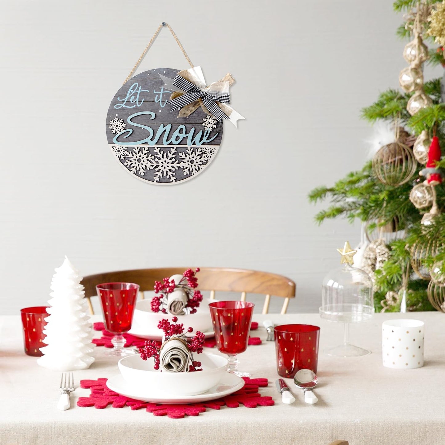 CHDITB Let It Snow Winter Decoration Sign(11.4”x11.4”), 3D Snowflake Xmas Winter Front Door Sign with Bow, Christmas New Year Housewarming Gift for Front Door Porch Farmhouse Indoor