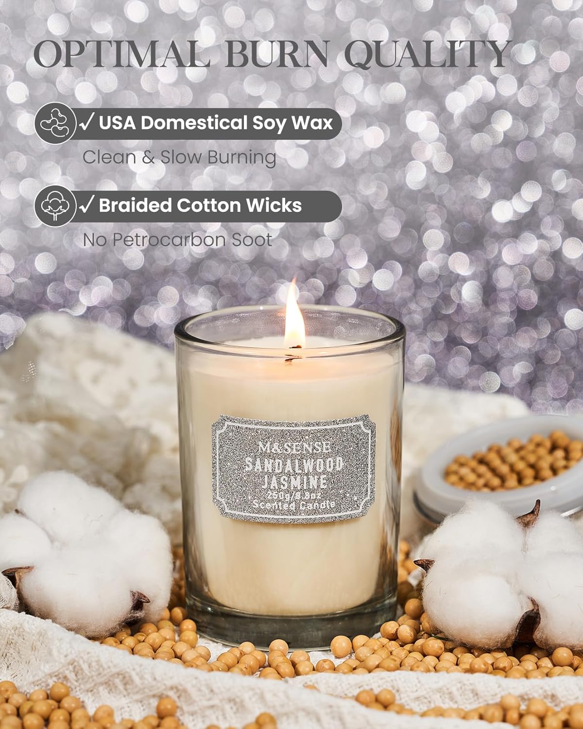 M&SENSE Sandalwood Jasmine Scented Candles, Classic Size 8.8 oz Glitter Jar, Holiday Natural Candles Gifts for Women, 50 Hours Long Burning for Winter Home Decor