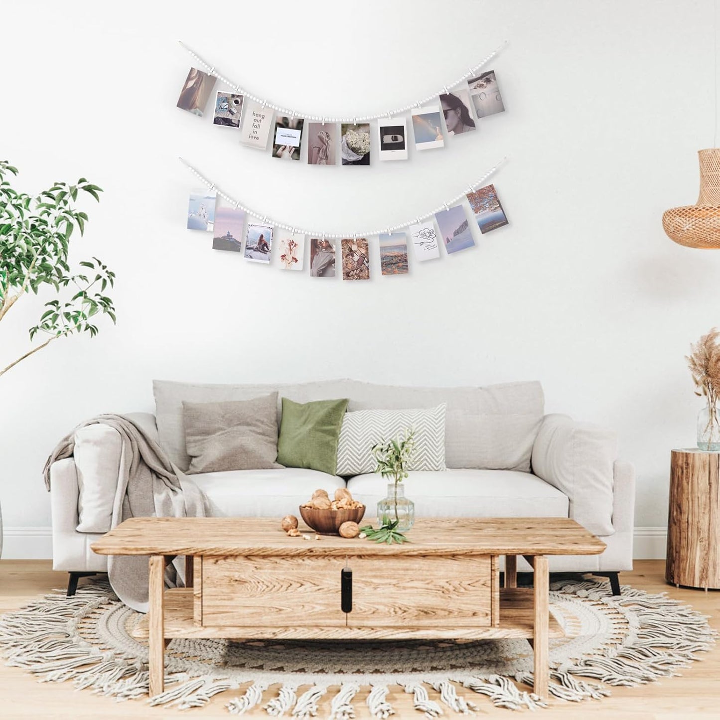 Mkono Hanging Photo Display with Clips, Boho Wooden Bead Garland Banner, Collage Card Picture Kids Art Holder String with 10 Clips for Christmas Bedroom Dorm Decor, Teen Girl Gifts, White, 2 Pack