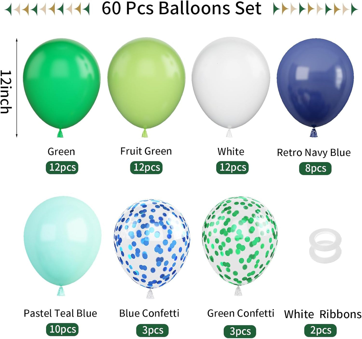 60Pcs Blue and Green Balloons, 12 Inch Navy Blue Fruit Green Confetti Balloons Teal Blue White Latex Balloon for Kids Birthday Baby Shower Jungle Dinosaur Theme Party Decorations