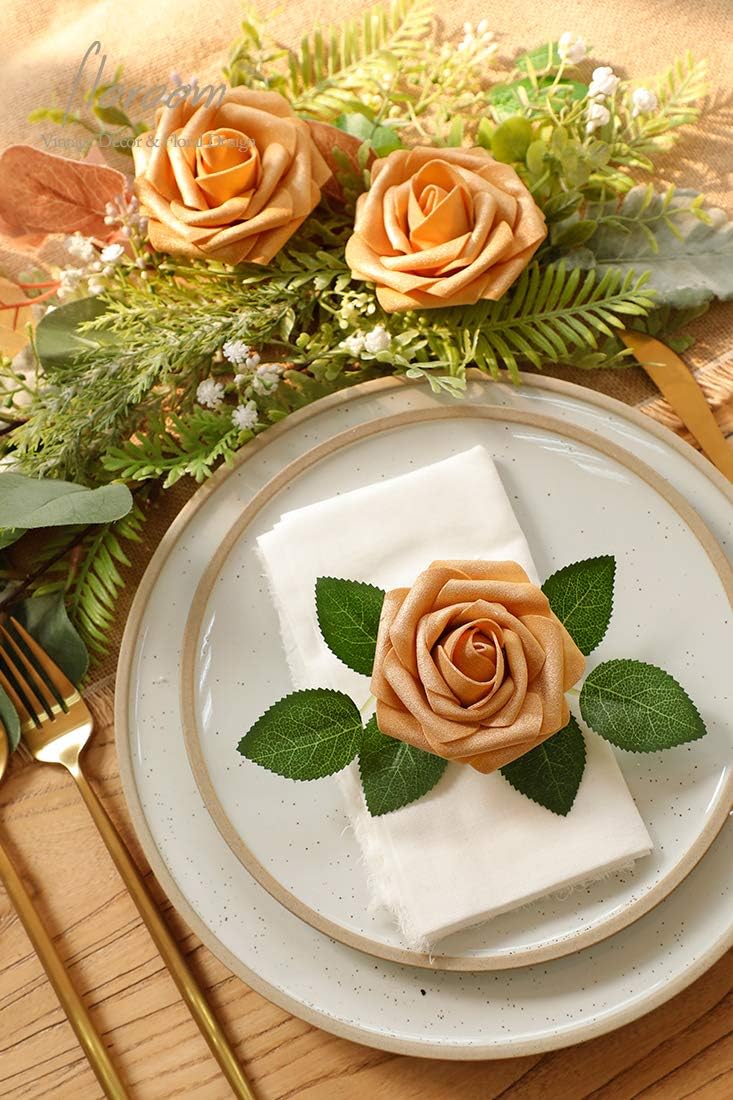 Floroom Artificial Flowers 50pcs Real Looking Gold Foam Fake Roses with Stems for DIY Wedding Bouquets Bridal Shower Centerpieces Floral Arrangements Party Tables Home Decorations