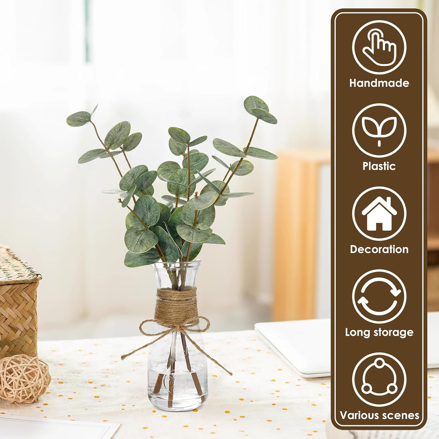 Artificial Eucalyptus Stems in Glass Vase Decorative Greenery Artificial Plant with Double Sided Green Eucalyptus Leaves for Home Office Decor (Green)