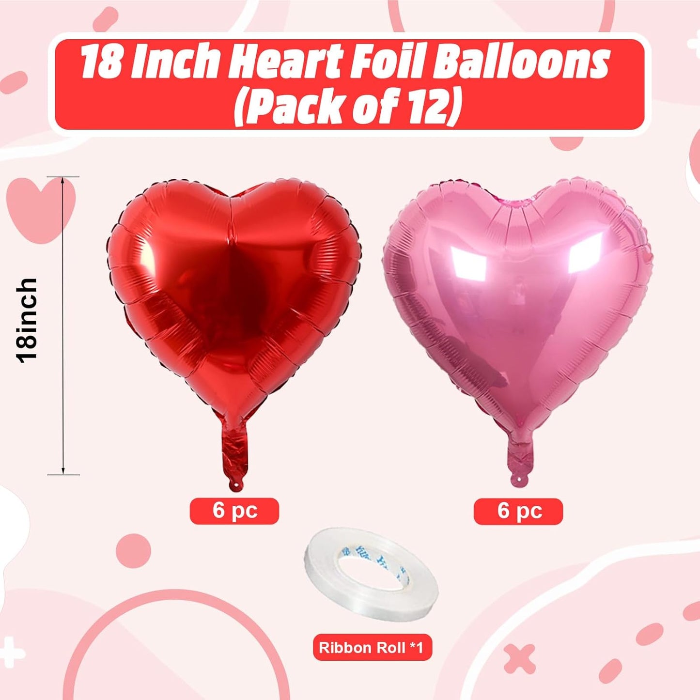 Pink Red Heart Balloons, 18 Inch Light Heart Foil Shape Balloon, 12PCS Pearl Red Pink Helium Foil Love Balloon for Birthday Bridal Shower Engagement Wedding Valentine Party Decorations
