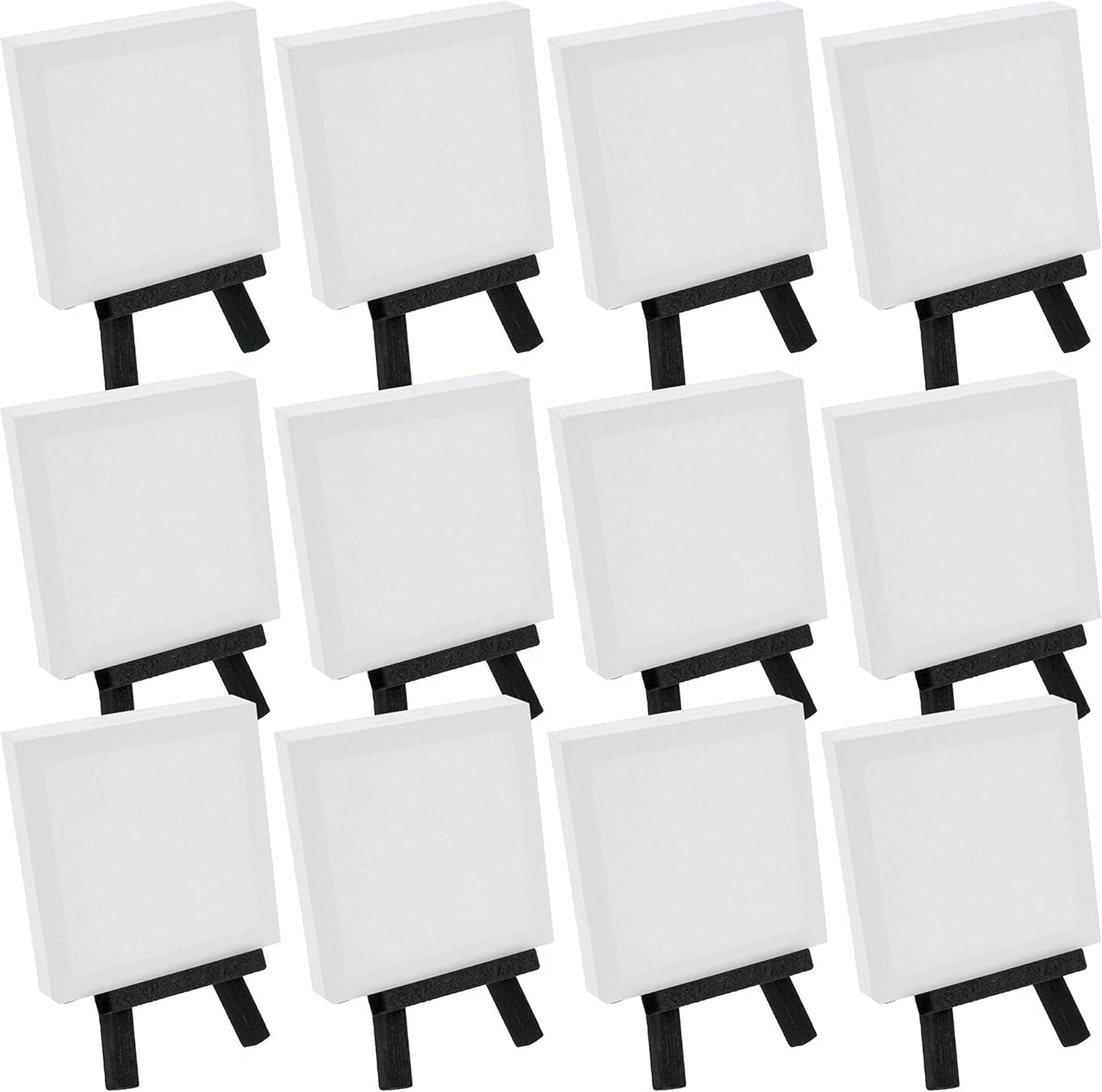 U.S. Art Supply 3" x 3" Stretched Canvas with 5" Mini Easel Kit (12 Pack) - Black Wooden A-Frame Tabletop Display Stand, Mini Easel Stand - Small Easels for Display, Small Canvases, Crafts, Photos