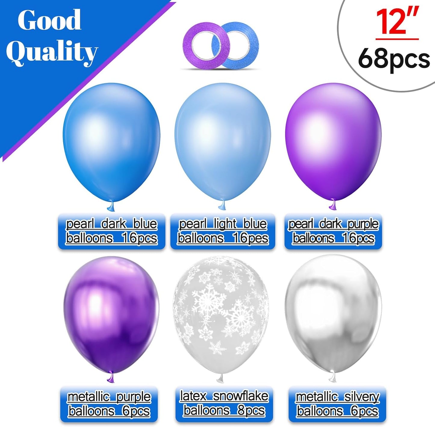 68Pcs Purple and Blue Party Balloons Kit 12 Inch Pearl Light Blue Metallic Purple Silver Snowflake Balloons with Ribbons for Winter Theme Birthday Wedding Girls Party Decorations.