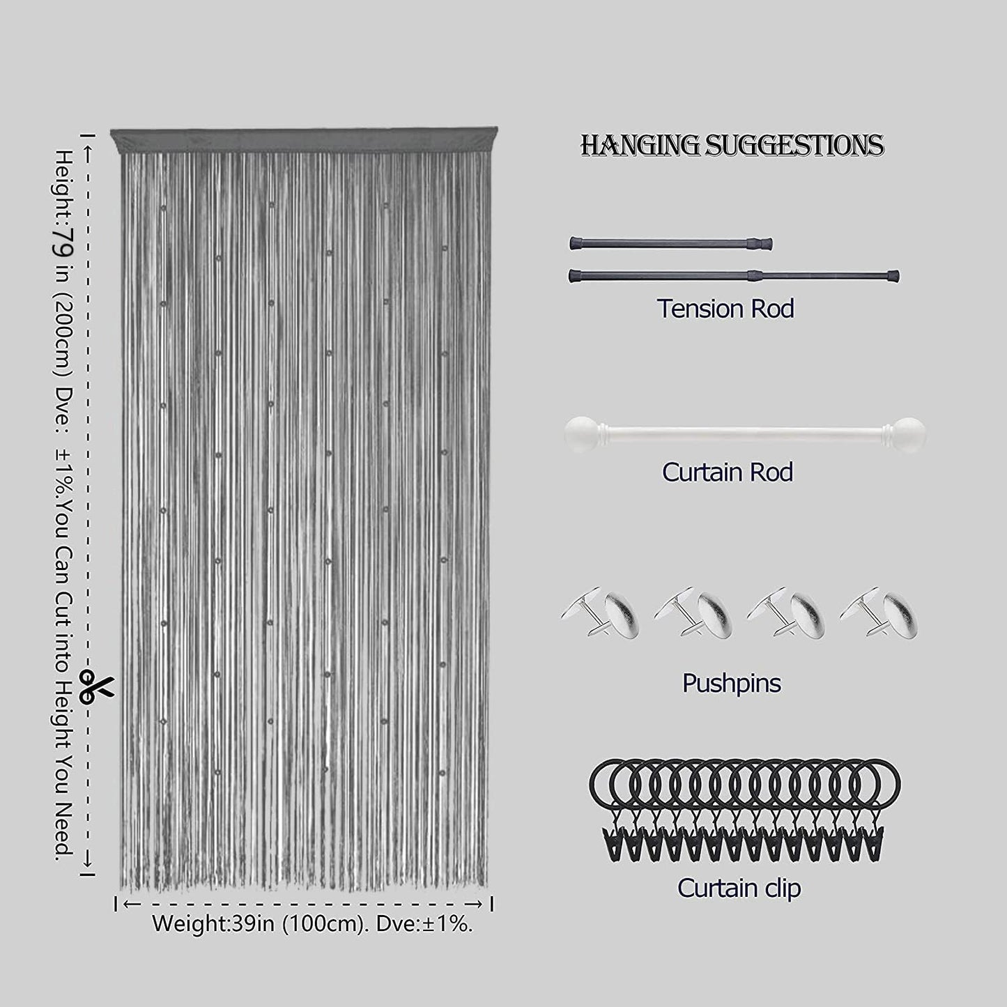 Beaded Curtain Beads Door String Curtains Ideal for Living Room Decor Wall Hanging Fringe Doorway Divider Bedroom Backdrop Hippie Window Closet Privacy Rod Pocket Dense (100x200cm,Grey)