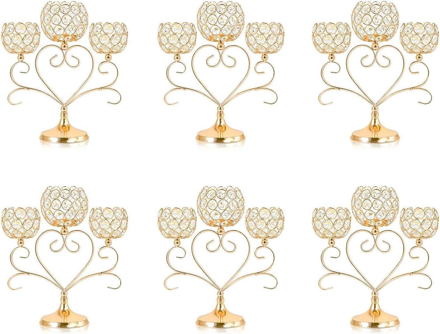 6 Pcs Gold 3-Arm Heart Tea Light Candle Holder - Crystal & Metal Wedding Centerpiece Decor, Sparkling Table Decor for Anniversaries/Romantic Tabletop Home/Dinner Party/Events
