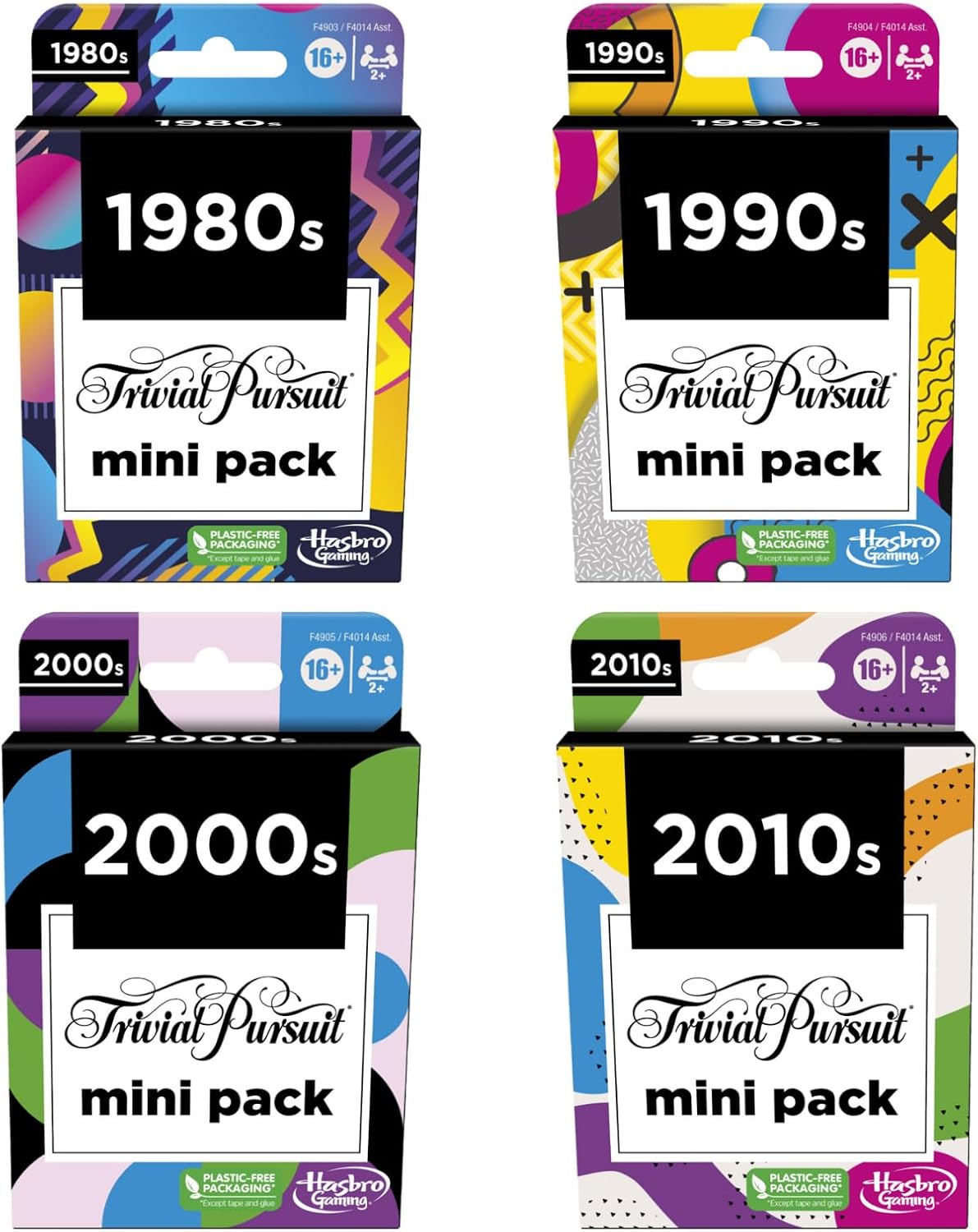GAMES (EXCL. MONOPOLY) Trivial Pursuit Mini Packs Multipack, Fun Trivia Questions for Adults and Teens Ages 16+, Includes 4 Game Featuring 4 Decades