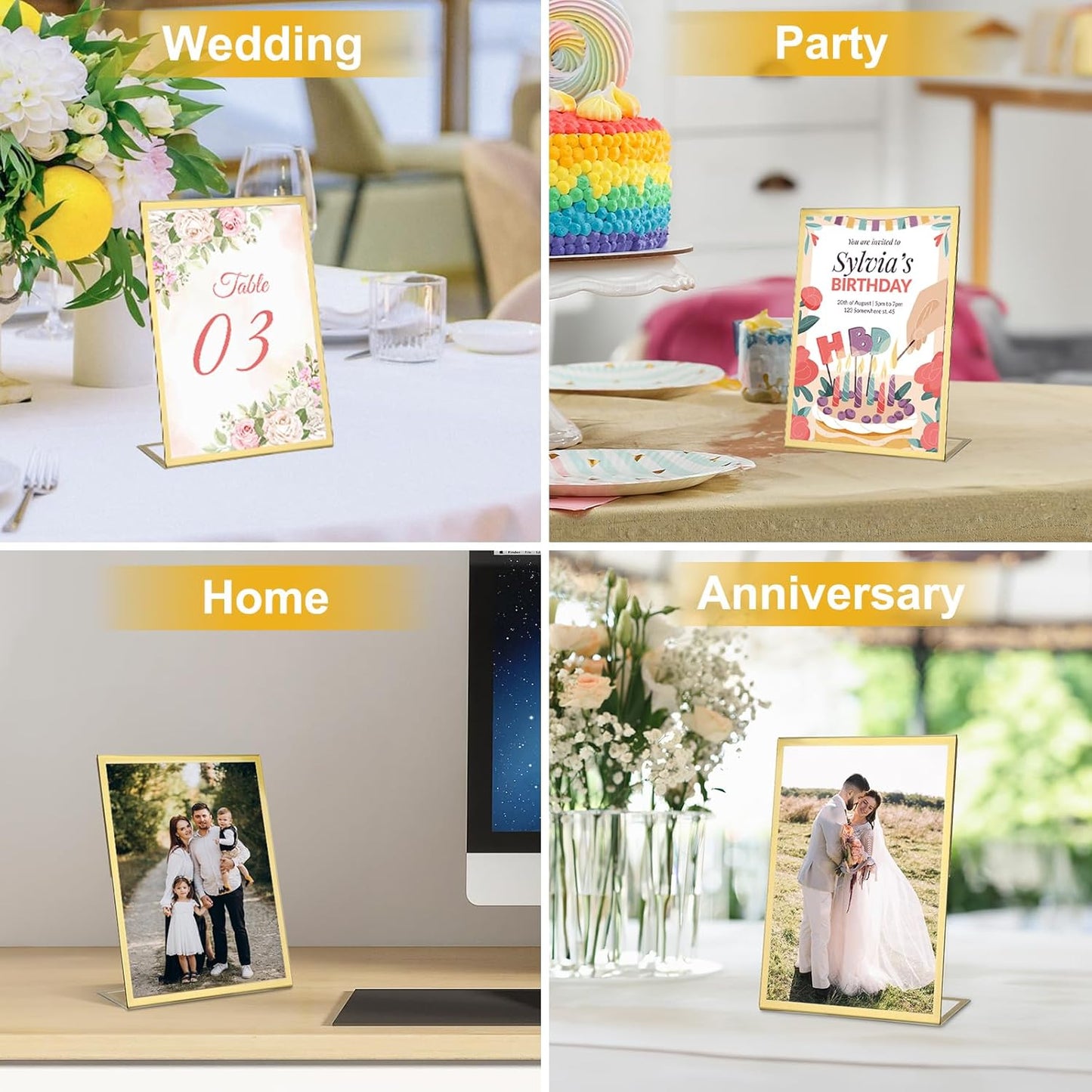 EHWINE 12 Pack Acrylic Sign Holder 4 x 6, Gold Picture Frame Stand up Table Top Sign Holders, Slanted Back Paper Holder Clear Display Stand Menu Flyer Holder for Wedding Party