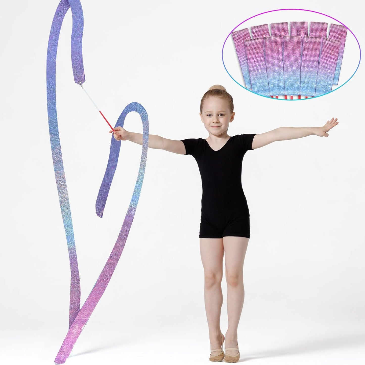 16 Pcs Sparkling Dance Ribbon for Kids Rhythmic Gymnastics Birthday Party Favors Twirling Streamer for Girl Princess Artistic Dancing Outdoor Game Supplies(Gradient Blue Purple)