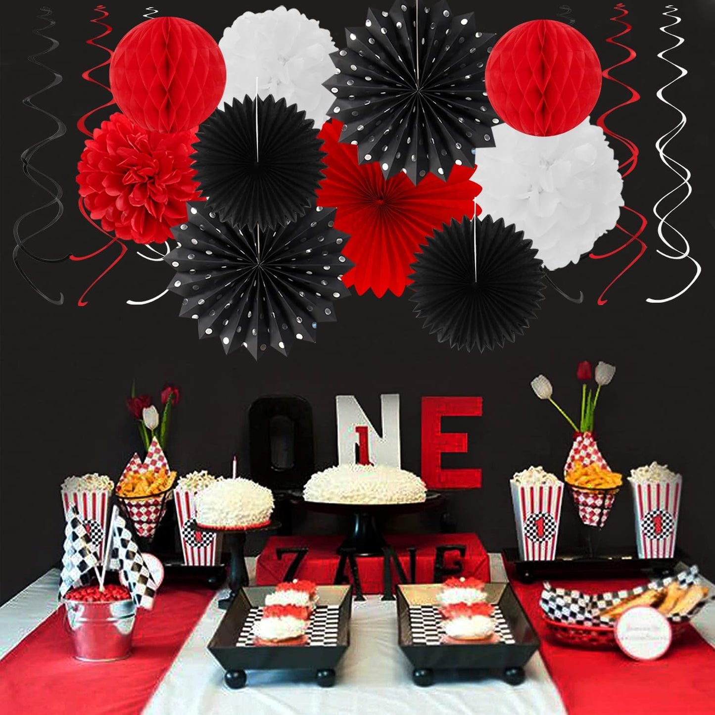 Black White-Red Party-Decorations - 33pcs Birthday Banner,Streamers Tassel Garland,Tissue Pom Poms Honeycomb,Paper Lantern Fans,Men Women Wedding Baby Shower Graduation Backdrop Supplies Decor Hugtmr