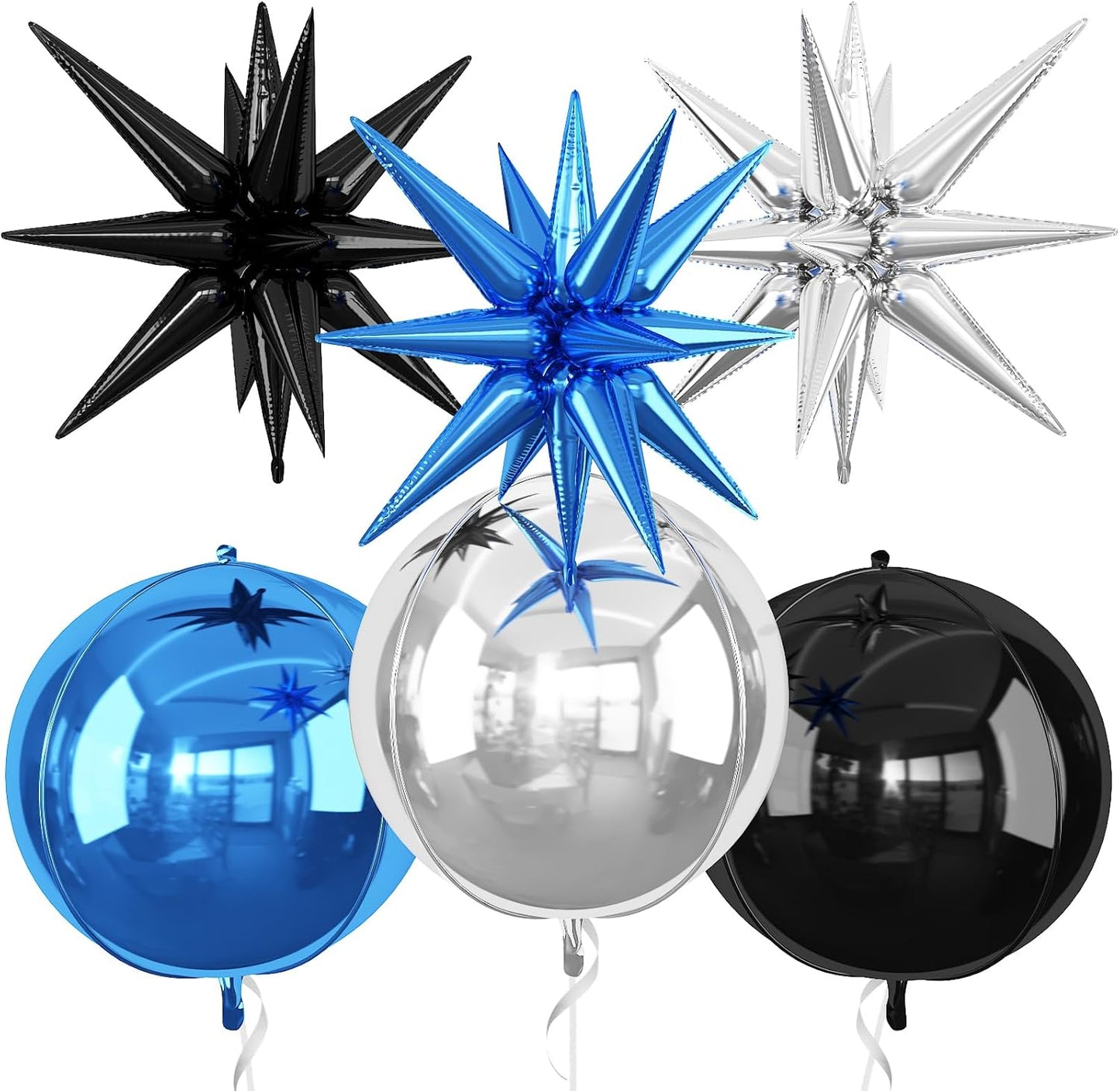6Pcs Black Blue Silver Foil Balloons,22Inch Black Blue 4D Round Ball Balloon and Explosion Star Balloon for Birthday Wedding Baby Shower Prom Party Anniversary Decorations