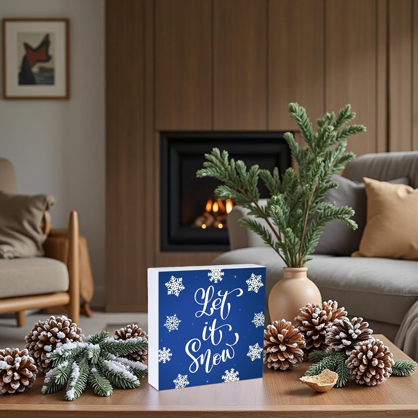 Winter Decorations Indoor Winter Decor Let It Snow Home Room Snowflakes Table Wood Box Sign Rustic Wooden Shelf Desk Decor Season Sign House Warming Gifts 5.9 x 5.9 Inch