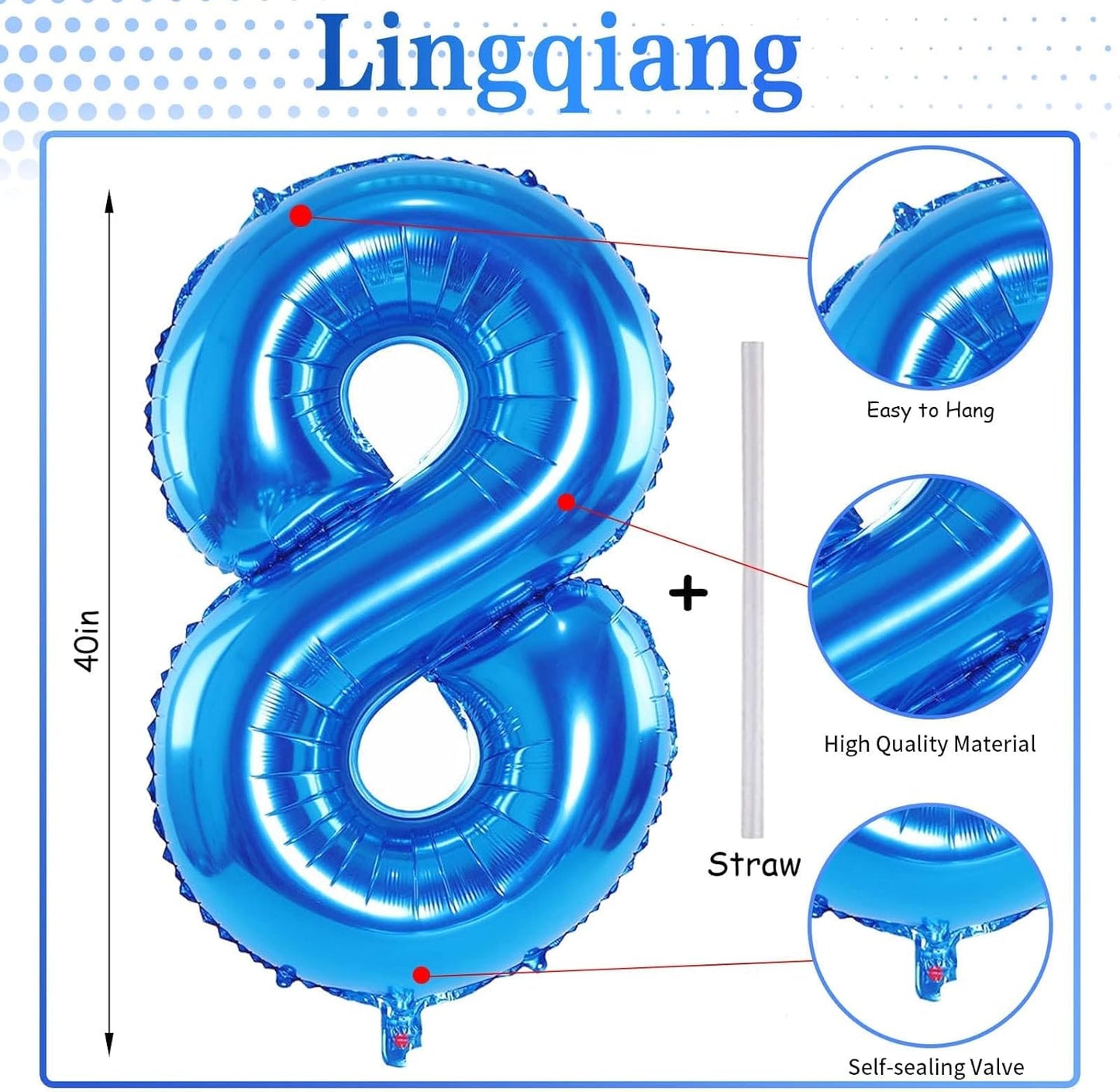 Blue Foil Balloon Number 8, 40'' Giant Self Inflating Number Balloons Set 0-9, Large Number 8 Digital 8 Helium Balloon for Boys Men 8th 18th Birthday Graduation Anniversary Party Decorations Supplies