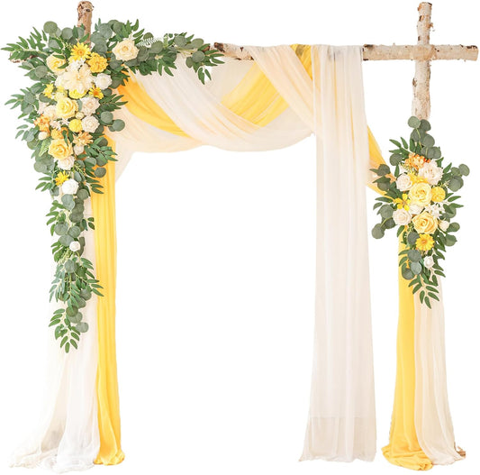 Deluxe Yellow Artificial Wedding Arch Flowers with Drapes Kit-Pack of 5, 2pcs Flower Arrangements 3pcs Hanging Sheer Drapes Yellow Ceremony Arbor Reception Backdrop Rose Floral Decorations.