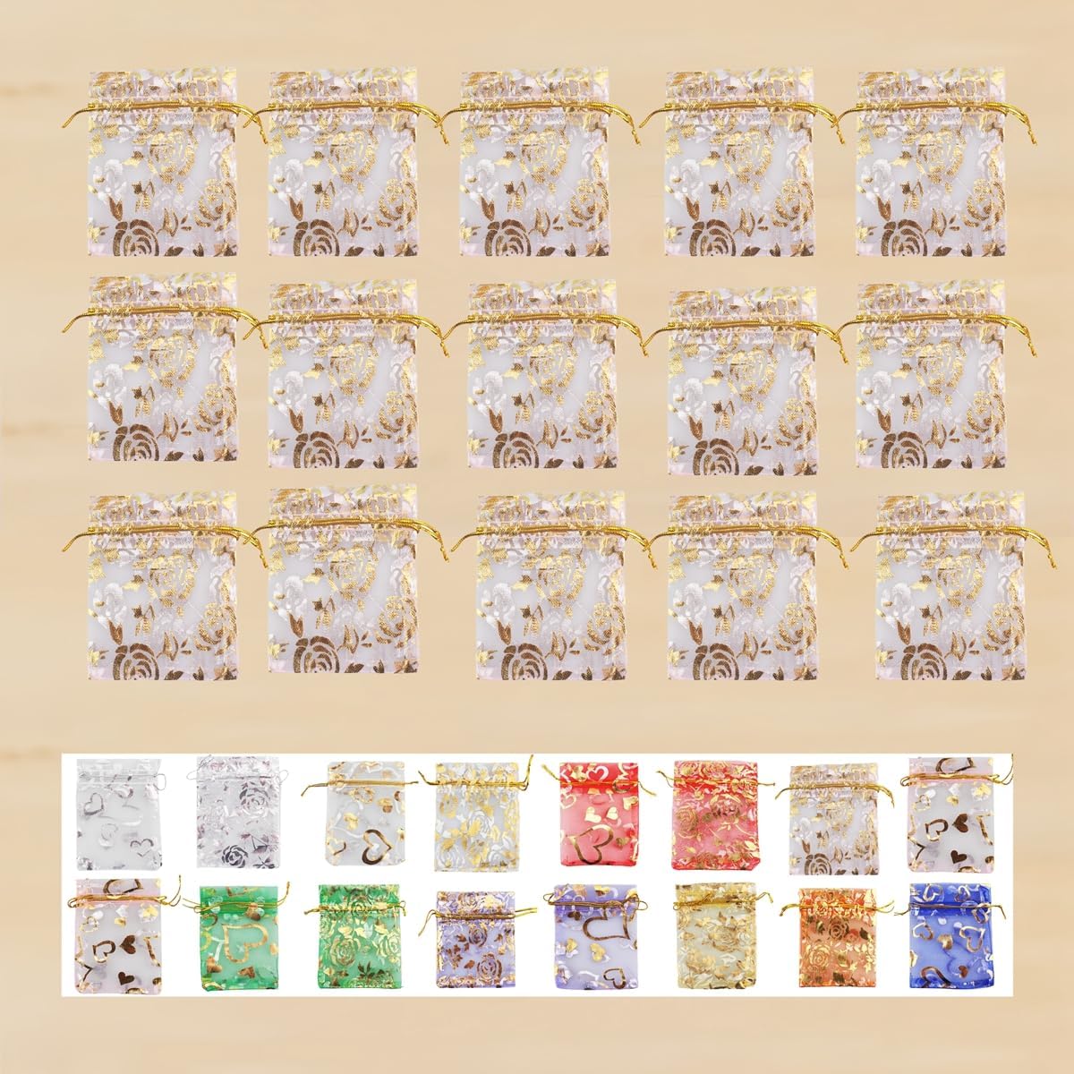 QIANHAILIZZ 100 Pack 2.8 x 3.5 Inch Flower Heart Organza Jewelry Gift Pouch Candy Pouch Drawstring Wedding Favor Bags B511S (pink gold flower)