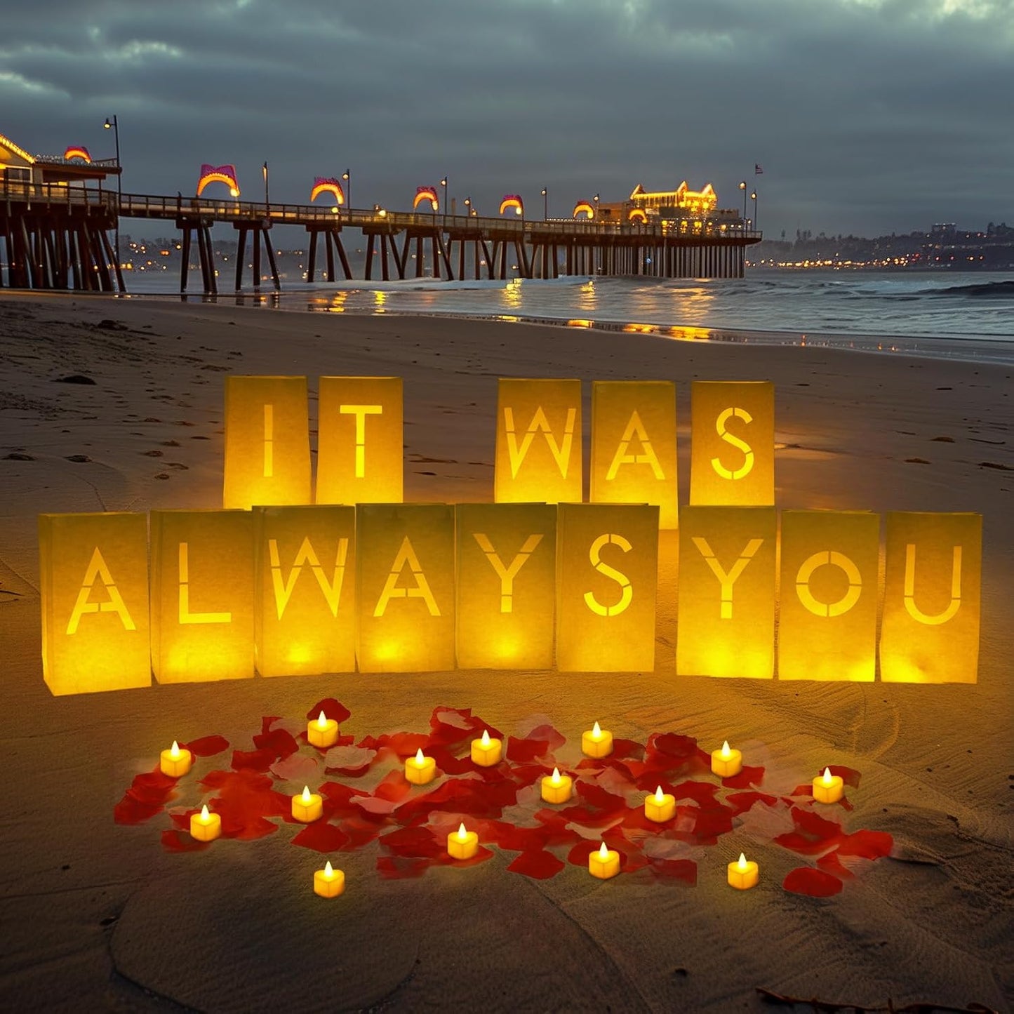 Homemory It was Always You Light Up Letters with Flameless Candles and Fake Rose Petals, Valentine's Day Luminary Bags Romantic Decorations Special Night for Proposal Wedding Anniversary