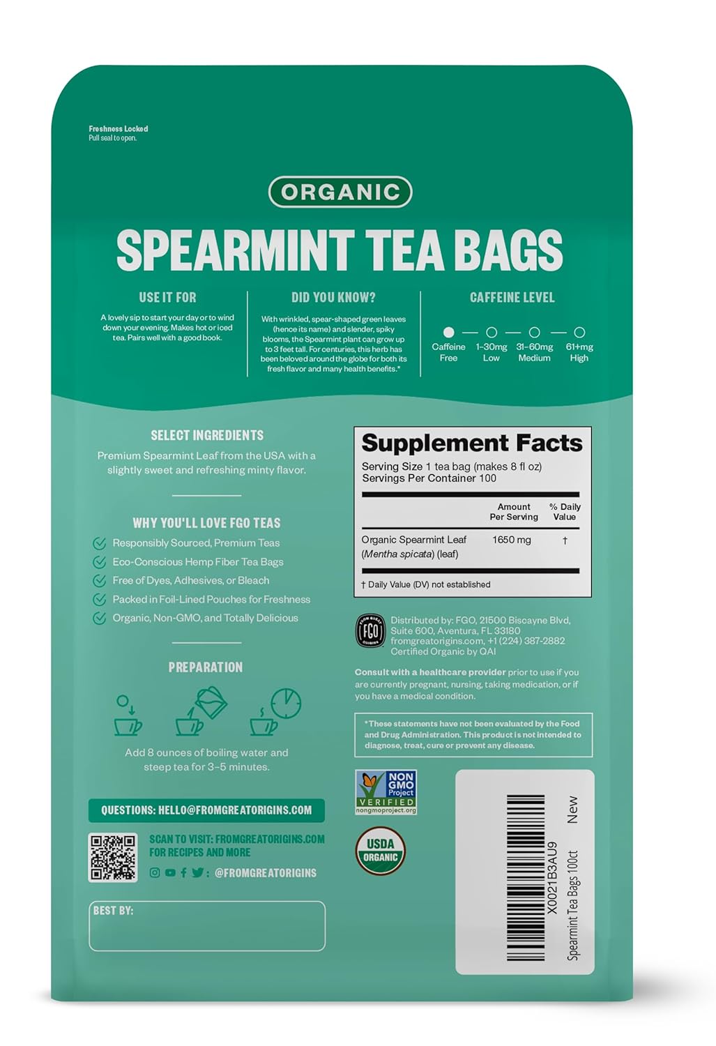 FGO Organic Spearmint Leaf Tea, 100 Count, Eco-Conscious Tea Bags, Caffeine Free, Resealable Bag, Packaging May Vary (Pack of 1)