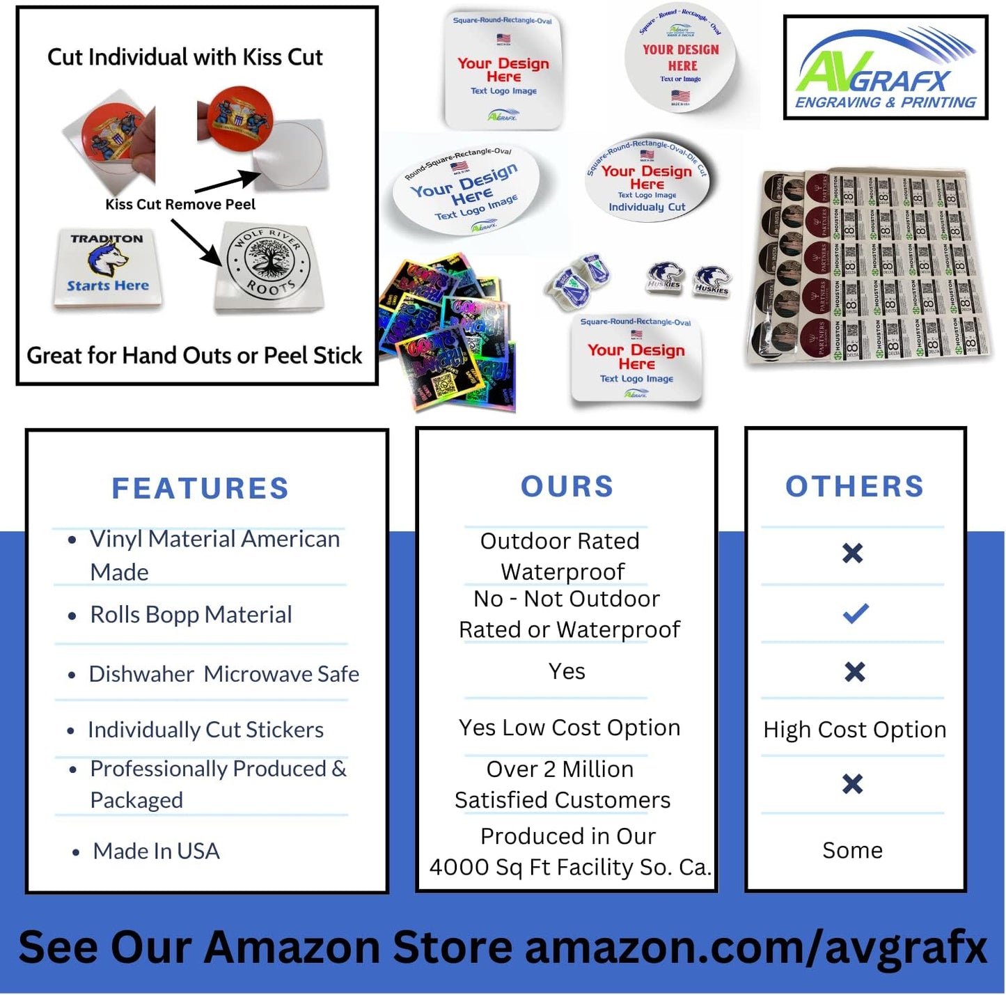 Custom Stickers Vinyl Waterproof Dishwasher Safe, UV Resistant 1.5-10 in. Make Your Own Personalized Stickers Labels for Your Brand, Text Image, or Logo. Made USA