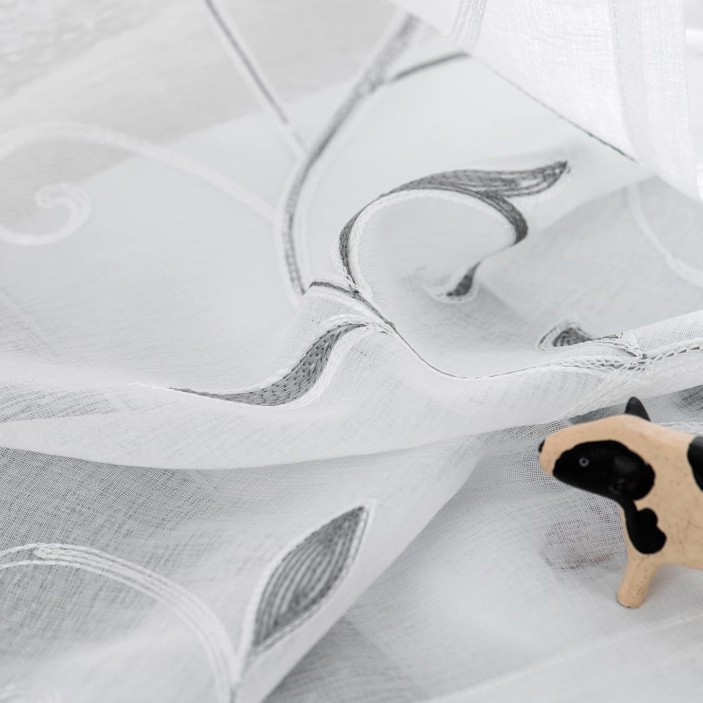 VISIONTEX White Sheer Voile Curtains, Decorative Leaves Embroidery Faux Linen Rod Pocket Window Drapes for Home Kitchen, Living Room and Bedroom 26 x 36 Inch, Set of 2 Curtain Panels