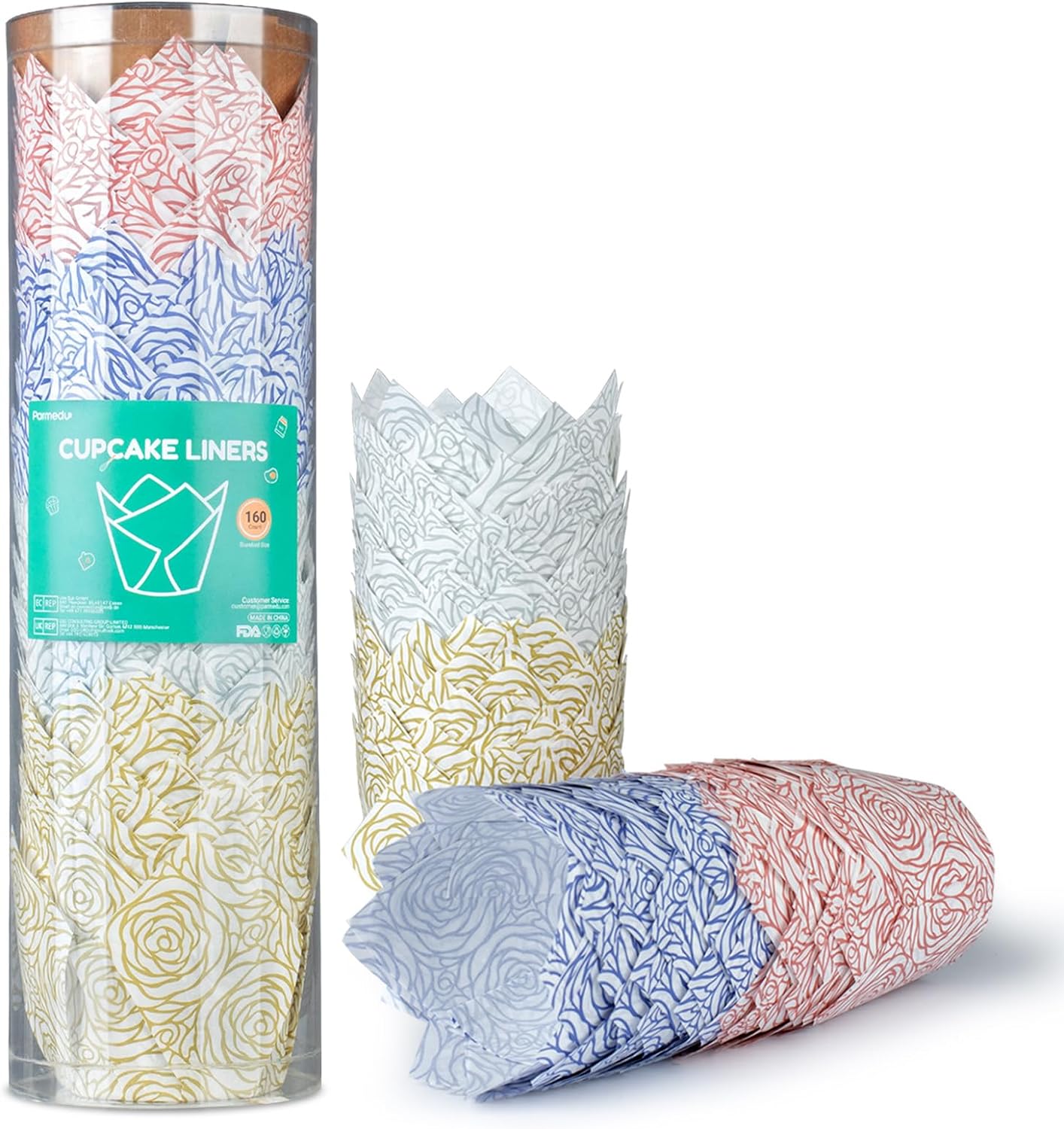 160pcs Tulip Paper Cupcake & Muffin Liners Oil Resistant - Standard Size 4 Colors Rose Pattern Baking Cups Cupcake Wrappers, Model BK010